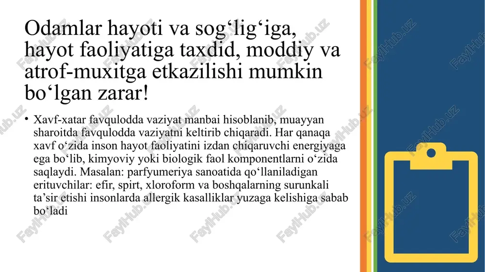 vflarning nomenklaturasi nomenklatura - muayyan belgi, xususiyatiga ko‘ra sistemaga solingan nom va so‘zlar ro‘yxatidir. masalan, tibbiyotda qo‘llaniladigan dori-darmonlar nomenklaturasi birmuncha aniq tuzilgan. jumladan, antibiotiklarga: tetratsiklin, ampitsilin, oksotsilin, biotsilin, sefozolin va boshqalar kiradi. 6 xavflar kvantifikatsiyasi. kvantifikatsiya - murakkab tushuncha, (ofat, talafot, yong‘in, nurlanish, shamol va hokazo)larning sifatini, oqibatini aniqlashda sonli tavsiflarning joriy qilinishidir. amalda kvantifikatsiyaning sonli, balli, darajali, tezlanishli (m/s, m/soat) va boshqa usullari qo‘llaniladi. jumladan, er silkinishining kvantifikatsiyasi - ballda yoki magnitudada, shamollar - m/s, er ko‘chkilari - m/soat yoki km/soatda, kuyish, nurlanish, buzilishlar - darajali usullari qo‘llaniladi. xavflarni baholashda esa «tavakkal» qo‘llaniladi. 7 xavflar identifikatsiyasi. identifikatsiya - o‘rganish, isbotlash, tasdiqlash ma’nolarini anglatadi. masalan. dorishunoslikda birorta dori-darmonni to‘liq identifikatsiya qilmasdan turib, uni kasalga tavsiya etib bo‘lmaydi. jumladan, ampitsilin dorisi - uning tarkibi, kimyoviy tuzilishi va xususiyatlari isbotlanishi kerak. 8 e’tiboringiz uchun rahmat ! ! ! 9 image8.svg image5.png image10.svg image6.png image12.svg image7.png image14.svg image1.png image2.svg image2.png image4.svg image3.png image6.svg …