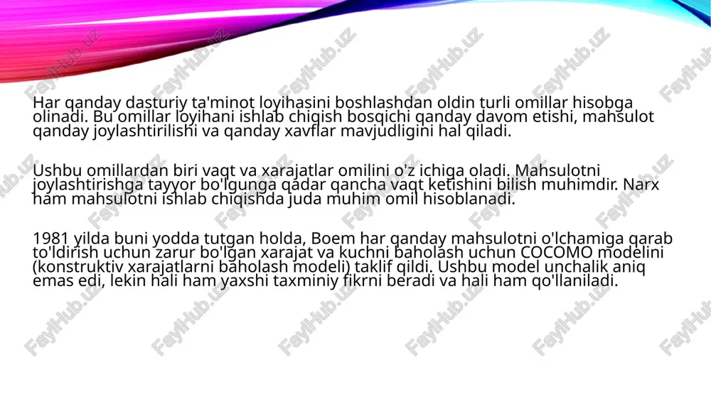 tizimlari. yarim ajratilgan - organik va o'rnatilgan tizim o'rtasida joylashgan dasturiy ta'minot loyihasi yarim ajratilgan tizimdir. uning xususiyatlariga quyidagilar kiradi - tajribali va tajribasiz a'zolardan iborat o'rta darajadagi ishlab chiqish guruhi va loyihaning murakkabligi juda yuqori yoki juda past emas. ushbu loyihada duch kelgan muammolar bir nechta ma'lum va bir nechta noma'lum, ular ilgari hech qachon duch kelmagan. bunday loyihalar kamdan-kam hollarda - ma'lumotlar bazasini boshqarish tizimi (dbms), yangi noma'lum operatsion tizim, inventarizatsiyani boshqarishning qiyin tizimi. embedded - tajribali a'zolardan iborat katta jamoani talab qiladigan va eng yuqori darajadagi murakkablikka ega bo'lgan loyiha o'rnatilgan tizimdir. a'zolar murakkab modellarni ishlab chiqish uchun etarlicha ijodiy bo'lishi kerak. bunday loyihalarga havo harakati modellari, bankomatlar, murakkab bank tizimlari va boshqalar kiradi. o'rta model - oraliq model chuqurroq sho'ng'iydi va hisob-kitobga xarajat omillari kabi ko'proq omillarni o'z ichiga oladi. bu baholashning aniqligini oshiradi. xarajat drayveri ishonchlilik, qobiliyat va tajriba kabi xususiyatlarni o'z ichiga oladi. ushbu …