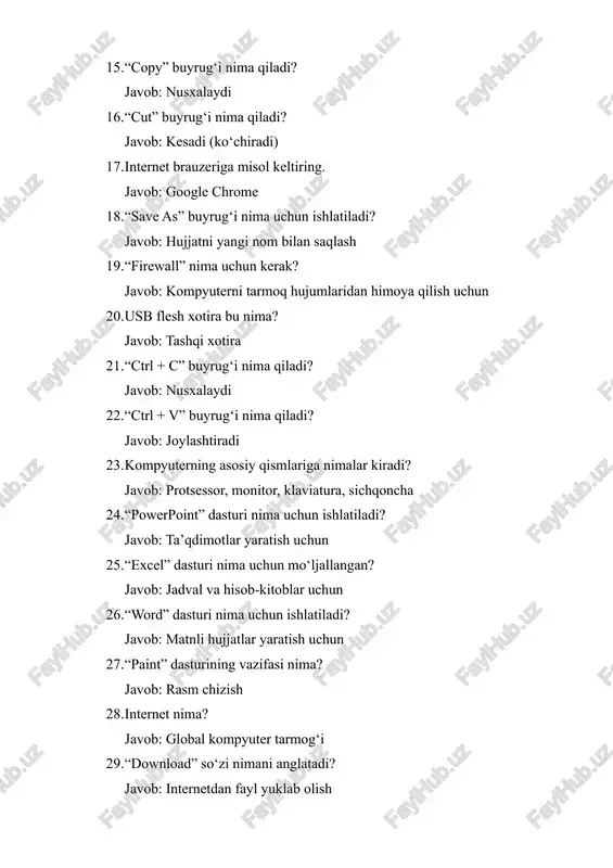 n fayl yuklab olish 30. “upload” so‘zi nimani bildiradi? javob: faylni internetga joylash 31. kompyuter tarmog‘i deganda nimani tushunasiz? javob: bir-biri bilan bog‘langan kompyuterlar majmuasi 32. “ip manzil” nima? javob: kompyuterning tarmoqdagi unikal manzili 33. kompyuterning asosiy xotirasi nima? javob: operativ xotira (ram) 34. “bit” bu nima? javob: axborotning eng kichik o‘lchov birligi 35. “byte” bu nima? javob: 8 ta bitdan iborat axborot birligi 36. 1 kilobayt necha baytga teng? javob: 1024 bayt 37. “megabayt” nimani anglatadi? javob: 1024 kilobayt 38. “gigabayt” bu nima? javob: 1024 megabayt 39. “terabayt” bu nima? javob: 1024 gigabayt 40. “hard disk” nima uchun kerak? javob: ma’lumotlarni uzoq muddat saqlash uchun 41. “monitor” nima? javob: ma’lumotni chiqaruvchi qurilma 42. “printer” nima? javob: hujjatni qog‘ozga chiqaruvchi qurilma 43. “scanner” nima? javob: qog‘ozdagi hujjatni raqamli ko‘rinishga o‘tkazuvchi qurilma 44. “klaviatura” nima uchun kerak? javob: ma’lumot kiritish uchun 45. “multimedia” deganda nimani tushunasiz? javob: matn, tovush, video va …