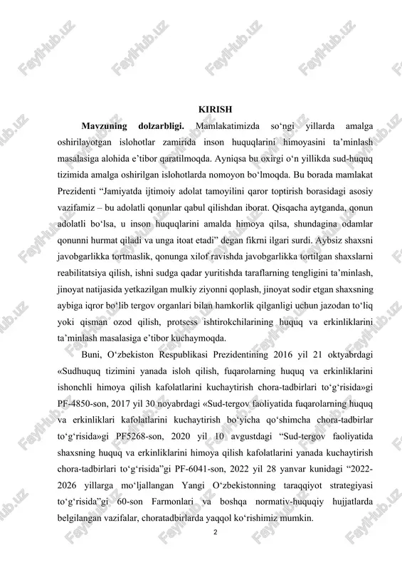 n, 2017 yil 30 noyabrdagi «sud-tergov faoliyatida fuqarolarning huquq va erkinliklari kafolatlarini kuchaytirish bo‘yicha qo‘shimcha chora-tadbirlar to‘g‘risida»gi pf5268-son, 2020 yil 10 avgustdagi “sud-tergov faoliyatida shaxsning huquq va erkinliklarini himoya qilish kafolatlarini yanada kuchaytirish chora-tadbirlari to‘g‘risida”gi pf-6041-son, 2022 yil 28 yanvar kunidagi “2022-2026 yillarga mo‘ljallangan yangi o‘zbekistonning taraqqiyot strategiyasi to‘g‘risida”gi 60-son farmonlari va boshqa normativ-huquqiy hujjatlarda belgilangan vazifalar, choratadbirlarda yaqqol ko‘rishimiz mumkin. o‘zbekiston respublikasi prezidenti shavkat mirziyoyev 2020 yil 24 yanvarda oliy majlisga qilgan murojaatnomasida “endi sud orqali insonlarning huquqi tiklanganini e’tirof etish bilan chegaralanib qolmasdan, nima sababdan sudgacha bo‘lgan tergov jarayonida inson huquq va erkinliklari buzilgan degan savolni ham ko‘ndalang qo‘yadigan, tazyiqlar uchun javob beradigan vaqt keldi”, deb ta’kidladi. haqiqatdan ham, jinoyat ishlari bo‘yicha sudlar tomonidan tergov idoralari tomonidan ayblov xulosasi bilan yuborilgan jinoyat ishlari bo‘yicha oqlov hukmi chiqarilayotganligi ham dastlabki tergov ustidan nazoratni kuchaytirish kerakligini, tergovda xolislik, adolat tamoyillariga tayangan holda ish yuritishda xatokamchiliklarga yo‘l qo‘yilayotganligini ko‘rsatmoqda. kurs ishining …