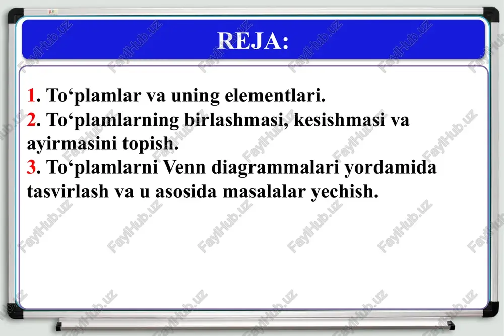 vchilari} bo‘lsin. p ⋂ q ni toping? yechish: 30 ning bo‘luvchilari => 1,2,3,5,6,10,15,30. 40 ning bo‘luvchilari => 1,2,4,5,8,10,20,40. p= {1,2,3,5,6,10,15,30} va q = {1,2,4,5,8,10,20,40} javob: p ⋂ q= {1,2,5,10} 2-masala to’plamlarning ayirmasi a va b to'plamlarning ayirmasi deb, a ning b ga tegishli bo'lmagan barcha elementlaridan tuzilgan to‘plamga aytiladi. a va b to‘plamlarning ayirmasi a b kabi belgilanadi. p= {30 ning bo‘luvchilari} va q = {40 ning bo‘luvchilari} bo‘lsin. p \ q ni toping? yechish: 30 ning bo‘luvchilari => 1,2,3,5,6,10,15,30. 40 ning bo‘luvchilari => 1,2,4,5,8,10,20,40. p= {1,2,3,5,6,10,15,30} va q = {1,2,4,5,8,10,20,40} javob: p \ q= {3, 6, 15, 30} 3-masala masalalar yechish 4-masala a = {1;2;3;4}, c  {x: x = 2n - 1, na} bo‘lsa, a⋂c to‘plamni aniqlang? yechish: c to‘plamning elementlarini aniqlashtiramiz: 2n – 1 dagi n ning o‘rniga a to‘plamning elementlarini qo‘yamiz. natijada , c ={1, 3, 5, 7 } hosil bo‘ladi. u holda a ={1;2;3;4}, c …