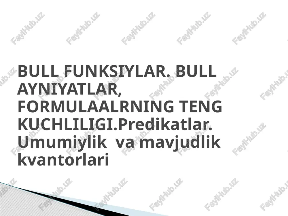 n) qonuni: bull ayniyatlar va qonunlari biz soroq va his-hayajon gaplar mulohaza bo`lmasligini bilamiz, xuddi shu qatorda noma’lum qatnashgan gaplar ham mulohazaga kirmaydi. bunday gaplar predikatlar deb ataladi. rost yoki yolg’onligi noma`lum bo’lgan mulohazalar aniqmas mulohazalar yoki predikatlar deyiladi. predikatlar masalan, “bu yozuvchi angliyada ijod qilgan” va “u angliyada ijod qilgan” darak gaplarida o`zgaruvchi “bu yozuvchi” so‘z birikmasi yoki “u” olmoshning o`rniga “shekspir” qiymatni qo`ysak, “shekspir angliyada ijod qilgan” rost mulohazani, “gyugo” qiymatni qo`ysak “gyugo angliyada ijod qilgan” yolg`on mulohazani hosil qilamiz. xuddi matematikadagidek, x orqali o`zgaruvchini belgilasak yuqoridagi darak gaplarni “x yozuvchi angliyada ijod qilgan” deb yozish mumkin. predikatlar tarkibida bir yoki bir nechta o`zgaruvchi qatnashishi mumkin, qatnashgan o`zgaruvchilar soniga qarab predikat bir o`rinli, ikki o`rinli va hokazo bo`ladi va kabi belgilanadi. predikat tarkibiga kirgan o`zgaruvchi qabul qilishi mumkin bo`lgan barcha qiymatlar to`plami predikatning aniqlanish sohasi deyiladi va x,y,z,… kabi belgilanadi. o`zgaruvchi o`rniga qo`yilganda predikatni rost mulohazaga aylantiruvchi qiymatlar …