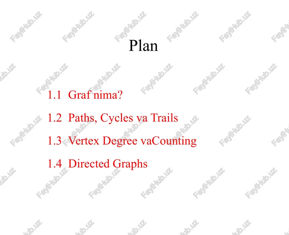 ikkita ajratilgan mustaqil to‘plamlarning birlashmasi bo‘lsa, g graf bipartite graph(ikki tomonlama graf)hisoblanadi. shuningdek: vertex larni har bir to'plam mustaqil bo'lishi uchun ikkita to'plamga bo'lish mumkin moslashish muammosi ishga tayinlash muammosi workers jobs boys girls chromatic number x(g) bilan yozilgan g grafining chromatic number i bu vertex larni belgilash uchun zarur bo'lgan ranglarning minimal soni bo'lib, qo'shni cho'qqilar turli xil ranglarni oladi. red green blue blue x(g) = 3 path and cycle path:ikkita ketma-ket vertex qo'shni bo'ladigan takrorlanmaydigan vertex lar ketma-ketligi. masalan: (a, d, c, b, e) - path (a, b, e, d, c, b, e, d) - path emas cycle: yopiq path.ya’ni cycle ketma-ketligining birinchi va oxirgi vertex lari bir xil vertexbo'lishi kerak. masalan: (a, d, c, b, e, a) -cycle a b c d e subgraphs g grafning subgraph i h graf bo'lib, shundayki: v(h)  v(g) and e(h)  e(g) and h dagi edge larga oxirgi nuqtalarni belgilash …