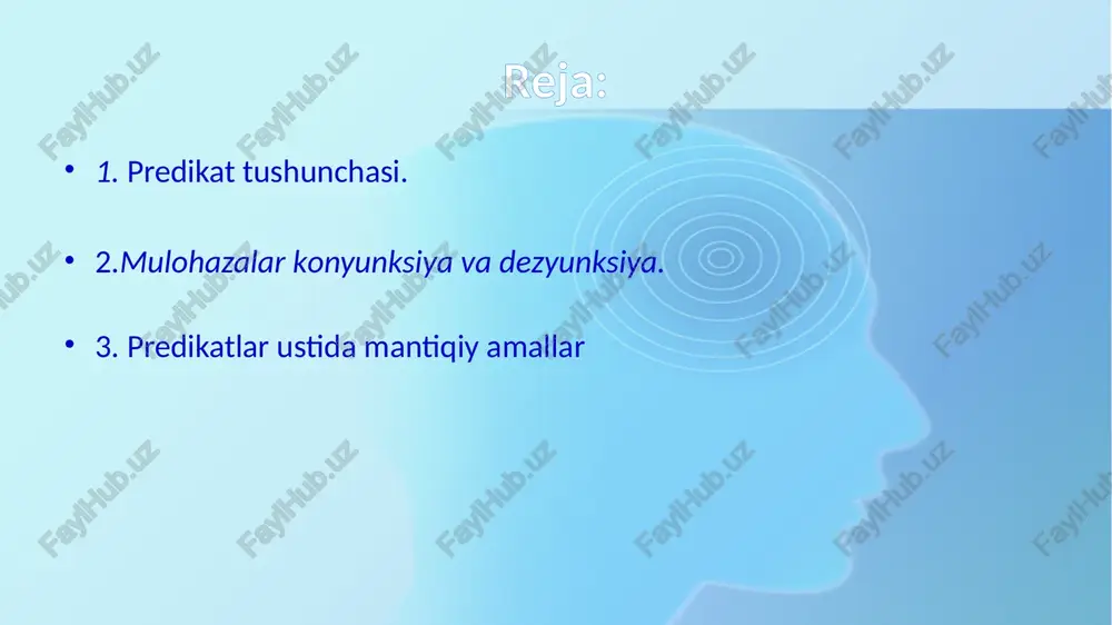 ksiyani ifodalaydi. bu funksiya to'plamda aniqlangan va qiymatlar sohasi {l,0} to'plam bo'ladi. predikatlar ustida mantiqiy amallar 3- t a' ri f. berilgan m to plamda aniqlangan p(x) va q(x) predikatlarning kon 'yunksiyasi deb, faqat va faqat q iymatlarda aniqlangan hamda p(x) va q(x) lar bir vaqtda chin qiymat qabul qilgandagina chin qiymat qabul qilib, qolgan barcha hollarda yolg'on qiymat qabul qiluvchi yangi predikatga aytiladi va u kabi belgilanadi. predikatlar ustida mantiqiy amallar p( x): « x - juft son» va q( x) : « x - toq s011» predikatlar uchun «x - juft son va x - toq son»: predikatlar kon'yunksiyasi mos keladi va uning chinlik sohasi - bo'sh to'plamdan iborat bo'ladi. predikatning chinlik sohasi to'plamdan, ya'ni p(x) va q(x) predikatlar chinlik sohalarining umumiy qismidan iborat bo'ladi. predikatlar ustida mantiqiy amallar 4- t a' r i f. ber;{gan m to 'plamda aniqlangan p(x) va q(x) predikatiarning diz 'yunksiyasi deb, faqat …