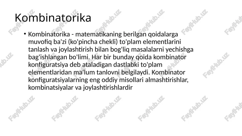 o—k ky k,)! ch *ch, #c& * n! “err! demak quyidagi teorema isbotlandi. teorema. aytaylik k), k2 ,.... km - butun manfiymas sonlar_bo‘lib, k,+k,+...+k, =n va a to‘plam 7 ta elementdan iborat bo‘lsin. a ni elementlari mos ravishda kz, k2,..., kn tabo‘lgan by.b,.....b,, mta to‘plam ostilar yigindisi ko‘rinishida ifodalash usullari soni ta bo‘ladi. c,,&y.---+&») sonlar polinomial koeffitsiyentlar deyiladi. misol 1. “matematika” so‘zidagi harflardan nechta so‘z yasash mumkin? k=2 (“m’- harfi), kp =2 (“a” —harfi), ks =2 (“t” — harfi), ke=1 (“e” —harfi), ks=1 (“i”-harfi), ke=1 (“k”- harfi), 2=10 (so‘zdagi harflar soni) 10! cyo(2,3,2.1,1,1) = ——_———__—. = 151200 qi3pr qu if lil! misol 2. “dada” so‘zidagi harflardan nechta so‘z yasash mukin? dada, daad, dda, adda, adad, aadd. takrorlanuvchi guruhlashlar. ta’ rif. har bir elementi 7 ta xildan biri bolishi mumkin & ta elementli guruxlarga nta elementdan & ta elementli takrorlanuvchi guruhlashlar deb aytiladi. teorema. n ta elementdan k ta elementli takrorlanuvchi …