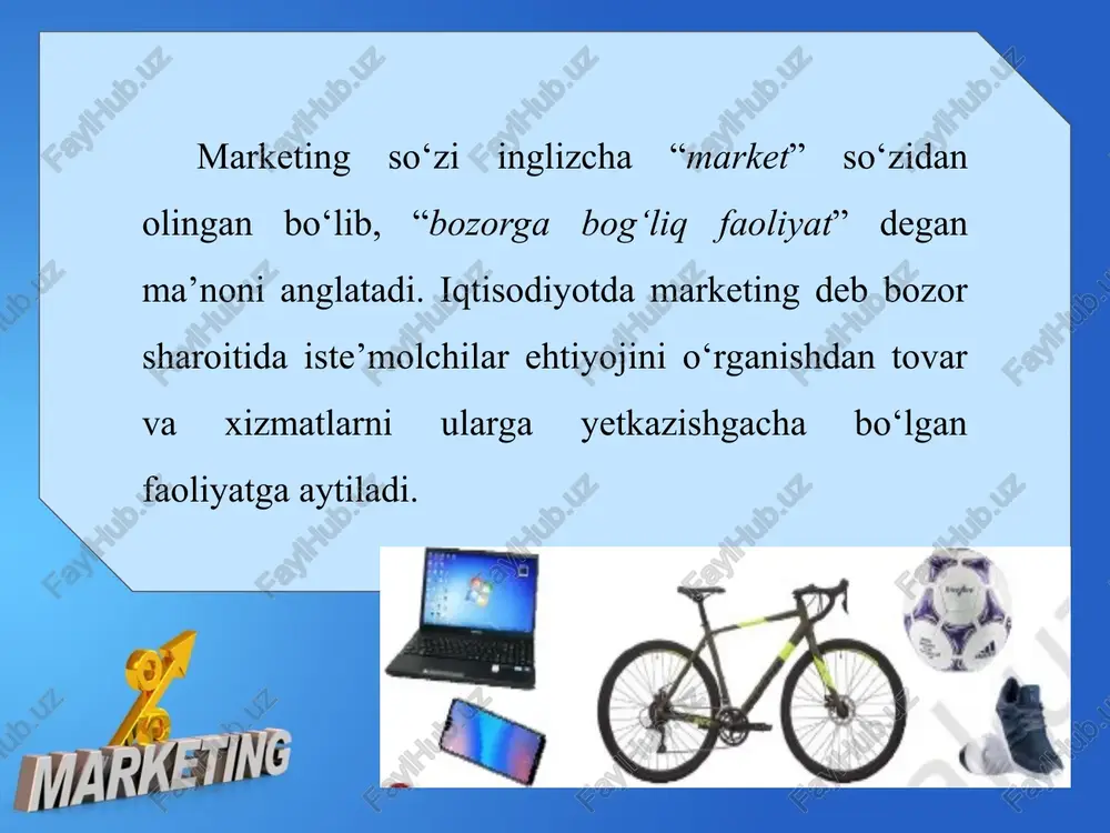 untazam ravishda samarasiz faoliyatga sarflanayotganini tushunishdi. ee marketing in analytics marketing analitikasida mutlag giymatlar (aniq raqamlar), nisbiy giymatlar (foiz yoki ulushlar), indeks usullari (o‘zgarish dinamikasini ko'rsa tuvchi ko‘rsatkichlar) va grafik usullar (vizual tahlil) ma'lumotlarni tahlil gilish va qaror qabul gilishda asosiy vositalardir. ular sotuv, bo zor ulushi va mijozlar faolligi kabi ko‘rsatkichlarni baholash, tendensiyalarni aniqlas yorda h va strategiyalarni optimallashtirishda m beradi. ushbu usullarni birgalikda go‘llash marketing faoliyatini samarali boshgarish uchun muhimdir. quyida ularning gisqacha tavsifi: 1. mutlag giymatilar: - bu ma'lum bir ko'rsatkichning aniq, o'lchovli giymati (masalan, sotuv hajmi — 1000 dona yoki daromad — 500 ming so‘m). - marketingda mutlaq qiymatlar umumiy holatni tushunish, resurslarni tagsimlash yoki natijalarni solishtirish uchun ishlatiladi. - masalan: bir oyda 200 ta mahsulot sotilgan — bu mutlaq qiymat. nisbiy qiymatlar: - bu ko'rsatkichlarning bir-biriga nisbatan foiz, koeffitsient yoki ulush shaklida ifodalanishi (masalan, o‘sish surati 20% yoki bozor ulushi 15%). - nisbiy giymatlar o‘zgarish …
