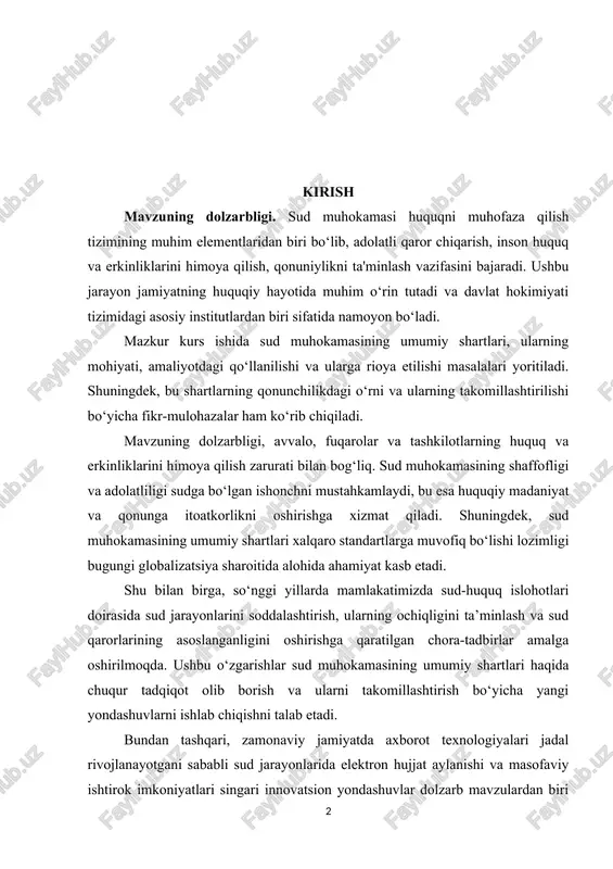 bundan tashqari, zamonaviy jamiyatda axborot texnologiyalari jadal rivojlanayotgani sababli sud jarayonlarida elektron hujjat aylanishi va masofaviy ishtirok imkoniyatlari singari innovatsion yondashuvlar dolzarb mavzulardan biri bo‘lib bormoqda. bu esa sud muhokamasining umumiy shartlarini zamon talablariga moslashtirishni taqozo etadi. shunday qilib, ushbu mavzuni o‘rganish adolatli sudlovni ta'minlash, fuqarolarning sud tizimiga ishonchini oshirish va huquqiy islohotlarni muvaffaqiyatli amalga oshirish uchun muhim asos bo‘lib xizmat qiladi. kurs ishining obyekti: sud muhokamasining umumiy shartlari huquqiy jarayonning ajralmas qismi sifatida qonunchilik, sud amaliyoti va huquqni qo‘llash mexanizmlari bilan bog‘liq munosabatlar majmuidan iborat. kurs ishining predmeti:sud muhokamasining umumiy shartlarining huquqiy mohiyati, ularning amaldagi qonunchilikda belgilangan tartibi, sud jarayonlarida qo‘llanilishi va amaliyotdagi muammolar tadqiqotning predmetini tashkil etadi. kurs ishining maqsadi: sud muhokamasining umumiy shartlarini huquqiy va amaliy nuqtai nazardan tahlil qilish hamda ularni takomillashtirish bo‘yicha tavsiyalar ishlab chiqishdan iborat. kurs ishining vazifalari quyidagilar: · sud muhokamasining umumiy shartlarining nazariy asoslarini o‘rganish: · sud muhokamasining asosiy tamoyillari va ularning …