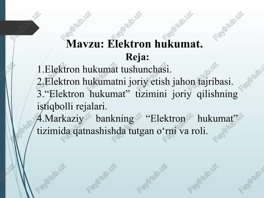 hukumatni shakllantirishning xuquqiy asoslarini mustaxkamlash maqsadida “axborot olish kafolatlari va erkinligi to‘g‘risida”gi” "telekommunikatsiyalar to‘g‘risida”gi”, “axborotlashtirish to‘g‘risida”gi, “elektron raqamli imzo to‘g‘risida”gi”, “elektron xujjat aylanishi to‘g‘risida”gi, “elektron to‘lovlar to‘g‘risida”gi”, “elektron tijorat to‘g‘risida”gi”, “davlat xokimiyati va boshqaruvi organlari faoliyatining ochiqligi to‘g‘risida”gi qonunlar qabul qilindi. o‘zbekiston respublikasi prezidenti 2020-yilning 28-aprelida “raqamli iqtisodiyot va elektron hukumatni keng joriy etish chora-tadbirlari to‘g‘risida” gi qarorni imzoladi. unga muvofiq, axborot texnologiyalari va kommunikatsiyalarini rivojlantirish vazirligida elektron hukumat va raqamli iqtisodiyot bilan shug‘ullanuvchi yaxlit (integratsiyalashgan) tizim yaratildi. elektron hukumatni rivojlantirish, iqtisodiyot va qishloq xo‘jaligi sohalarini raqamlashtirish, it-parklarni tashkil etish va boshqarish vazifalari to‘liq ushbu vazirlikka berildi. vazirlik qoshida alohida elektron hukumat loyihalarini boshqarish markazi faoliyati yo‘lga qo‘yildi. “elektron hukumat” yaratishdan ko‘zlangan maqsad: aholi va tijoratga hukumat tomonidan ko‘rsatilayotgan xizmatlarni yaxshilash; barcha saylovchilarni davlatni boshqarish va rahbarlik jarayonlaridagi ishtiroki darajasini oshirish; fuqarolarning o‘z-o‘ziga xizmat ko‘rsatishlari imkoniyatlari darajasini oshirish va quvvatlash; fuqarolarning saviyasi va texnologik taʼminlanganlik darajasini oshirish; o‘zaro axborot almashinuv …