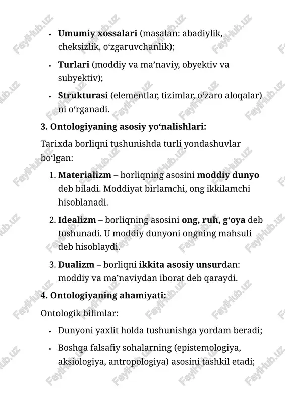 1. borliq va yo’qlik tushunchalari · borliq – mavjud bo‘lgan hamma narsa, ya’ni mavjudlik, mavjudlikning umumiy tushunchasi. · yo’qlik – borliqning aksiga teng, mavjud bo‘lmaslik, mavjudlikdan mahrumlik holati. borliq va yo’qlik — bir-biridan mutlaqo farq qiluvchi, lekin bir-biriga chambarchas bog‘liq tushunchalardir. 2. borliq va yo’qlik dialektikasi dialektika — bu tabiat, jamiyat va fikrning har doim harakatda, o‘zgarishda va rivojlanishda bo‘lishi haqidagi falsafiy qarashdir. borliq va yo’qlik dialektikasi esa shuni ko‘rsatadiki: · borliq va yo’qlik bir-biriga qarama-qarshi, lekin ular bir-birisiz mavjud bo‘la olmaydi; · borliq doimiy holatda o‘zgarib turadi, rivojlanadi, bu rivojlanish jarayoni yo’qlikdan yangi borliq shakllarining paydo bo‘lishi bilan kechadi; · yo’qlik ham borliqning o‘zgarishi, yangilanishi uchun sharoit yaratadi. misol uchun, tabiatdagi har bir jarayon — bu borliq va yo’qlikning o‘zaro ta’siri orqali yuzaga keladi. 3. borliqning atributlari borliqning atributlari — uning umumiy xossalari, ya’ni borliq qandaydir shaklda har doim o‘zida mujassam bo‘lgan xususiyatlar: 1. mavjudlik (existentsiya) borliq haqiqatda mavjud …