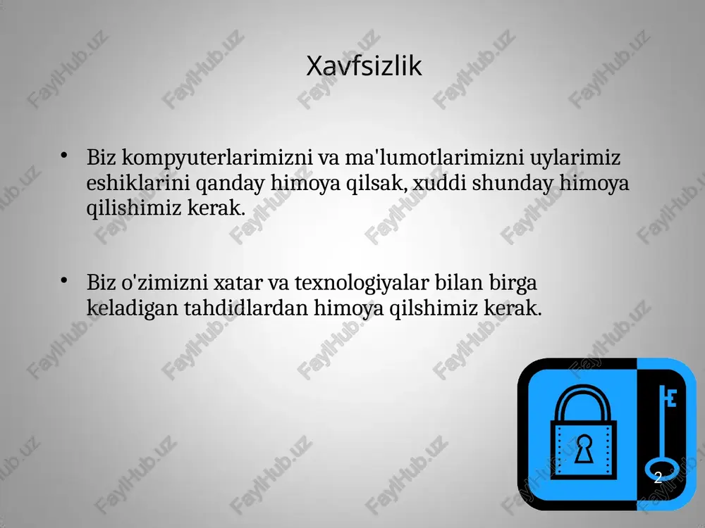 i. viruslar kompyuterning ishdan chiqishiga va ma'lumotlarning yo'qolishiga olib kelishi mumkin. virusli hujumlarni tiklash yoki oldini olish uchun: ishonchsiz veb-saytlar / elektron pochta xabarlaridan saqlaning. tizimni tiklash. operatsion tizimni qayta o'rnating. antivirus dasturidan foydalaning va saqlang. 7 program a extra code program b infects qurtlar o'zini takrorlaydigan va nusxalarini kompyuterdan kompyuterga tarmoq ulanishlari orqali yuboradigan mustaqil dastur. kelgandan so'ng, qurtni takrorlash uchun faollashtirish mumkin. to joe to ann to bob email list: joe@gmail.com ann@yahoo.com bob@u.edu 7 mantiqiy bombalar va troyan otlari mantiqiy bomba(logic bomb): zararli dasturiy ta'minot mantig'i muayyan shartlar asosida amalga oshiriladi. dastur ko'pincha boshqa qonuniy sabablarga ko'ra ishlatiladi. misollar: texnik xizmat haqi to'lanmasa, ishlamay qoladigan dasturiy ta'minot. xodim ishdan bo'shatilganda ma'lumotlar bazasini o'chirishga olib keladi. troyan: o'zini zararsiz dastur sifatida ko’rsatadi, jimgina ma'lumotlarni yo'q qiladi yoki tizimingizga zarar etkazadi. o'yinni yuklab olish: bu qiziqarli bo'lishi mumkin, lekin shaxsiy ma'lumotlaringizni o'zingiz bilmagan holda to'playdigan maxfiy kodni o'z ichiga olishi …