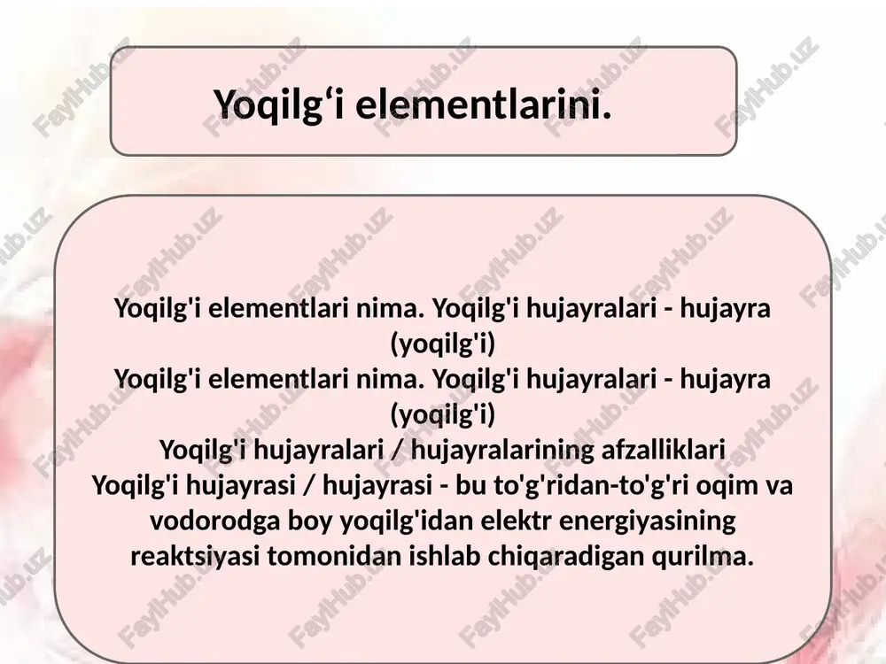 elektrodlardan foydalangan element qurildi. ikkinchi jahon urushi paytida, britaniya floti suv osti kemasi uchun yoqilg'i hujayralari / hujayralar ishlab chiqilgan va 1958 yilda diametri 25 sm bo'lgan gillin yonilg'i hujayralari / hujayralaridan iborat yoqilg'i yig'ilishi taqdim etiladi. 1950-1960 yillarda, shuningdek, 1980-yillarda, 1980-yillarda, 1980-yillarda, 1980-yillarda, sanoat dunyosi neft yoqilg'isining etishmasligini boshdan kechirgan. xuddi shu davrda dunyo mamlakatlari havo ifloslanishi muammosi va ekologik toza elektr energiyasining usullarini ko'rib chiqdilar. hozirgi vaqtda yoqilg'i hujayralari / hujayralarini ishlab chiqarish texnologiyasi jadal rivojlanish bosqichini boshdan kechirmoqda. yoqilg'i hujayralari / hujayralarini ishlatish printsipi yoqilg'i hujayralari / hujayralar elektrolki, katod va anode yordamida elektrolkiya yordamida elektrolkemik reaktsiya tufayli elektr va issiqlik ishlab chiqaradi. anod va katodli elektrolitlar o'tkazuvchan protonlar bilan ajratilgan. vodorod anod qavsini va katodda kislorod ketsa, kimyoviy reaktsiya boshlanadi, natijada elektr toki, issiqlik va suv hosil bo'ladi. katalizator anode ustiga molekulyar vodorod birlashtiradi va elektronni yo'qotadi. vodorod ionlari katodda elektrolit orqali olib boriladi, elektrolitlar bilan …