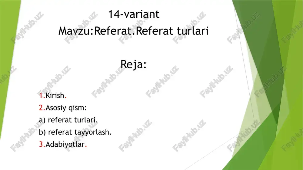 llaniladigan soha. referat diqqat-e’tiborni yangi ma’lumotlarga qaratadi va boshlang’ich matnga murojaat etishning maqsadga muvofiqligini belgilaydi! o’quv fani bo’yicha referatlarning tayyorlanishi o’qishda quyidagi natijalarga erishishni nazarda tutadi: - o’quv fanining dolzarb nazariy masalalari bo’yicha bilimlarning chuqurlashuvi, ushbu bilimlarning siz tanlagan mavzuga ijodiy qo’llanilishi. - tanlangan kasbiy sohadagi xorijiy tajribaning o’zlashtirilishi, undan mamlakat sharoitida, sizning kelgusidagi kasbiy faoliyatingizda amalda qo’llanish imkoniyatlari va muammolarining o’rganilishi. tanlangan mavzu bo’yicha turli adabiy manbalarni (monografiyalar, davriy matbuotdagi maqolalar va shu kabilar) o’rganish mahoratini takomillashtirish va ularni tanqidiy tahlil etish asosida materialni mustaqil va savodli bayon qilish, dalillangan xulosalar chiqarish va takliflar berish. - yozma ishni to’g’ri rasmiylashtirish malakalarini rivojlantirish. referat materialning shunchaki bir oddiy takrorlanishi, bir yoki bir necha manbalardagi materialni o’zlashtirib olishdan iborat bo’lib qolmasligi, ya’ni ko’chirmachilik va kompilyasiya mahsuli bo’lmasligi kerak. unda referent tanlagan mavzuga oid va ishlab chiqilgan adabiyotlarda mavjud bo’lgan jamiki material tahlil qilib chiqilishi lozim. referat, manba, ilmiy axborotni o'taydi. unda …