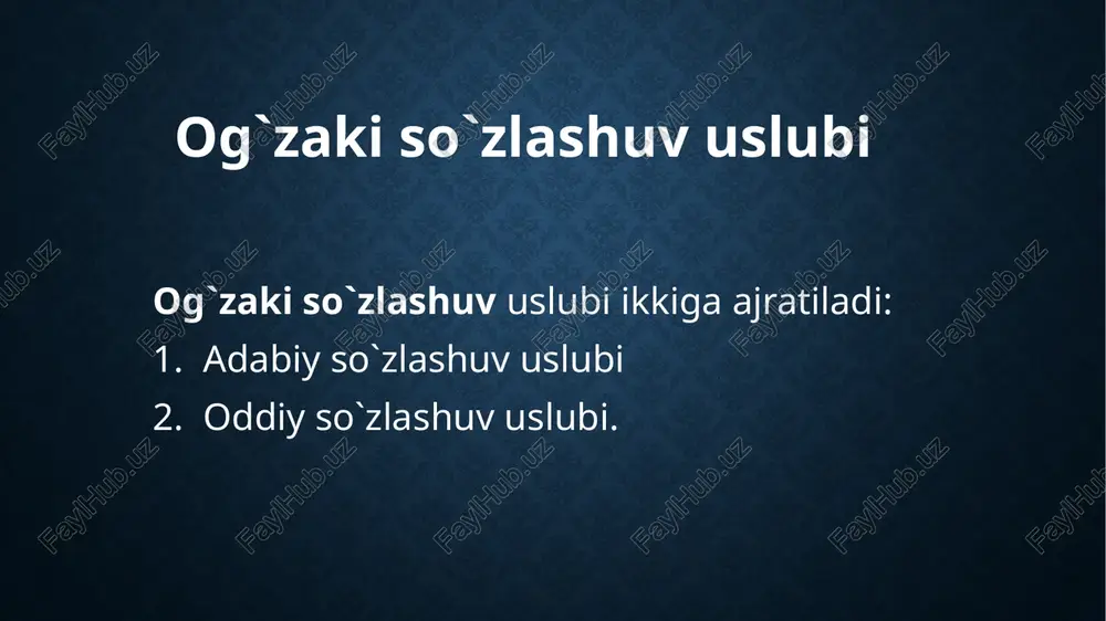 ri tomonidan chiqariladigan qarorlar, qonunlar, nizomlar, xalqaro hujjatlar rasmiy-idoraviy uslubda yoziladi. ariza, tilxat, ma'lumotnoma, chaqiruv qog’ozi, taklifnoma, shartnoma, tarjimai hol, e'lon, tavsifnoma, dalolatnoma, hisobot kabilar ham shu uslubda yoziladi. bunday uslubdagi hujjatlar qisqa, aniq, barcha uchun tushunarli qilib tuziladi. rasmiy ish yuritish uslubining asosiy xususiyatlari quyidagilardir: 1) badiiy tasvir vositalar bo`lmaydi; 2) uslub leksikasi kitobiy va xolis so`zlardan iborat bo`ladi: uslubda professional terminologiya mavjud bo`ladi; 3) eskirgan so`z va iboralar o`rni bilan ishlatiladi; 4) quyidagi grammatik xususiyatlar mavjud bo`ladi; a) tilga olinayotgan kishilar o`z nomi bilan atalmasdan, buning o`rniga ularning belgisi yoki biror harakati, bir narsaga munosabatini ifodalovchi otlar ishlatiladi; ijrochi, guvoh, da’vogar, jabrlanuvchi, ijaraga oluvchi va h. b) noaniqlikka yo`l qo`ymaslik maqsadida, odatda, otlar olmosh bilan almashtirilmaydi; 5) hujjatlar matni birinchi shaxs yoki uchinchi shaxs tilidan yoziladi. yakka rahbar nomidan yoziladigan farmoyish hujjatlari birinchi shaxs tilidan bo`ladi. shuningdek, ayrim shaxs tomonidan yozilgan hujjatlar (ariza, tushuntirish xati) ham birinchi shaxs, …