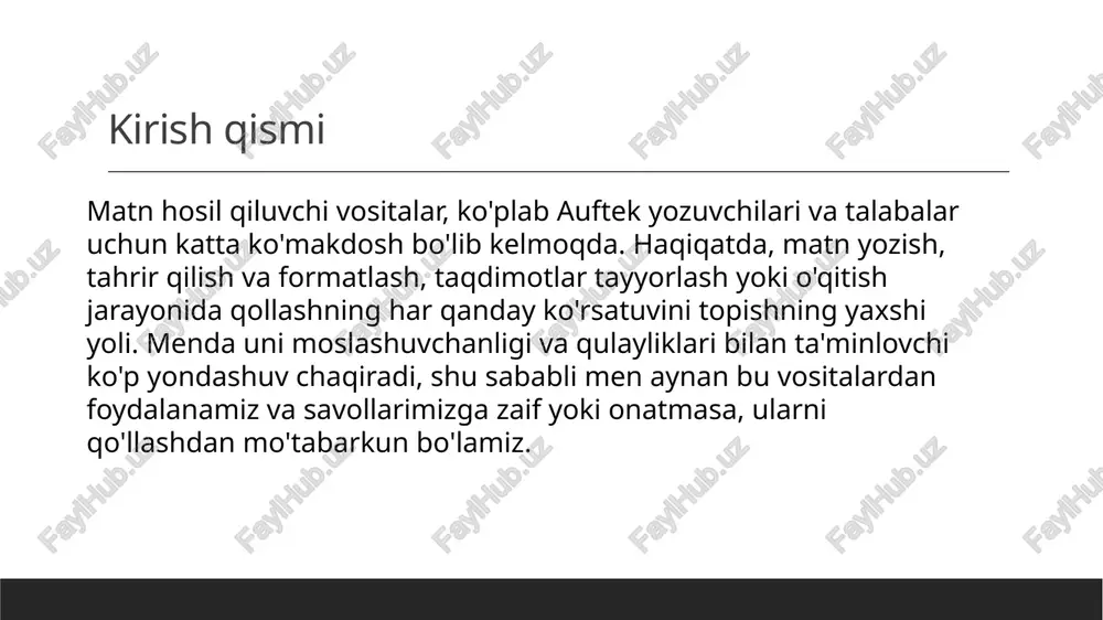 lar bilan tuzatish uchun mo'ljallangan. bu vositalar orqali odatdagi matnlarga yopiq yoki tez-tez ulinishli ko'rinish berish mumkin. 20.05.2023 matn hosil qilish uchun eng mashhur asosiy vositalardan ba'zilari matn hosil qilish uchun eng mashhur asosiy vositalardan ba'zilari, microsoft word, google docs, pages (apple) va notepad, sublime text, textedit xujjatlaridan iborat ishlab chiqarish dasturlari. ularning har birida, matn yozish, jadvallar va rasmlar qo'shish, shuningdek, matnni formatlash va sifatli ko'rinish berishni yo'lga qo'yish mumkin. 20.05.2023 matn hosil qiluvchi vositalari. grammatikani, matnlarimizdagi xatolarni aniqlovchi va bartaraf qiluvchi dasturlar, hamda matnlarimizni g'ayratli va ko'pincha ko'rganingizdan farqli ko'rinishda ko'rsatishini ta'minlovchi usullar aniq aniqlangan. ularning ba'zilari yoqutlarda turib, ba'zisi esa tarjima vositalarida mavjud. buyurtma buyurtma qollash, har bir matnning maksimal darajasini kafolatlash uchun ular tanlangan. 20.05.2023 matn hosil qiluvchi vositalari. matn hosil qilish bosqichli va oddiy bo'lgan jarayon, shuning uchun matn hosil qilish vositalarini va ularni qo'llashni bilish juda kerak. ularning har biri, uzoq va qisqa talabalarga …