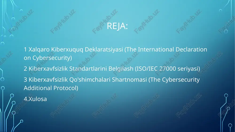 uqlarni himoya qilishga oid majburiyatlarni ko'rsatadi. deklaratsiya, kiber jinoyatlarni oldini olish va kiber-xavfsizligini ta'minlashga qaratilgan o'rtashtirishga qaratilgan yondashuvni ham maqsad qiladi. shuning uchun, barcha mamlakatlar uluslararası birlik va hamkorlik bilan, kiber-tashviqqa qarshi kurashish uchun hamkorlik qilishlari kerakligini ta'kidlaydi. deklaratsiya kiberxavfsizlikning tarkibiy qismi sifatida bir nechta asosiy prinsiplarni taqdim etadi. ularning o'z ichiga olganlari esa quyidagilardir: xalqaro huquqiy tartiblarni ta'minlash: kiberxavfsizlik sohasida xalqaro huquqiy tartiblarni mustahkamlash, xalqaro qonunlar va ko'rsatmalar bilan muvofiq amalga oshirish. ko'p tomonlama ishbirligi rivojlantirish: davlatlar, tashkilotlar, soha mutaxassislari va boshqalar orasida kiberxavfsizlik sohasida o'zaro ko'p tomonlama ishbirligini rivojlantirish. ma'lumot almashish va o'rgatish: xalqaro huquqiy muammolarni yechish, ma'lumot almashish va tahlil qilish, kiberxavfsizlikning eng yaxshi amaliyotlari haqida o'rgatishning yanada rivojlantirilishi. kiberxavfsizlikning holati haqida ma'lumot almashish: davlatlar, tashkilotlar va soha mutaxassislarining kiberxavfsizlikning holatini monitoring qilish, ma'lumot almashish va ma'lumotlar bazasini o'rganish uchun yo'l harakat qilish. 2 kiberxavfsizlik standartlarini belgilash kiberxavfsizlik sohasida standartlar, kiberxavfsizlikning qo'llanilishi, amaliyotlarda samaradorlik va tizimlarni himoya …