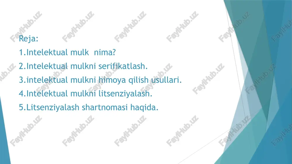 rni va patentlarni ro'yxatdan o'tkazish: brend va patent ro'yxatidan o'tkazish, mulk egasi tomonidan egallangan intellektual mulkni qonuniga muvofiq ravishda muhofaza qilishga yordam beradi. huquqiy himoya: intellektual mulk egasi, mulkini qonun qarorlari orqali himoya qilishi mumkin. bu, mulk egasi uchun o'zining mulkini muhofaza qilishni ta'minlaydi. intellektual mulk turlari intellektual mulk turlari quyidagilardan iborat: mualliflik huquqi - asarlar, dasturlar, musiqa, kinematografiya asarlari, rasmlar va boshqa ijodiy asarlarga nisbatan muallifning huquqlarini himoya qiladi. patentlar - yangi va foydali ixtiro va takliflarga nisbatan ixtirochining huquqlarini himoya qiladi. tijorat belgisi - mahsulotlar va xizmatlar sifatida korxona yoki tashkilot nomi va shi'orlarini himoya qiladi. maxfiylik huquqi - biznes sirini himoya qiladi. dizayn huquqi - yangi va original dizaynlar (konstruksiyalari) himoya qiladi. elektr taqsimlash huquqi - elektron asarlarni tarqatish va ulardan foydalanishga nisbatan muallifning huquqlarini himoya qiladi. intellektual mulkni litsenziyalash litsenziyalash, intellektual mulk egasi (litsenziyaberinguvchi) tomonidan boshqa shaxsga (litsenziyaoluvchi) intellektual mulkdan foydalanish huquqini berish jarayonidir. litsenziya shartnomasi …