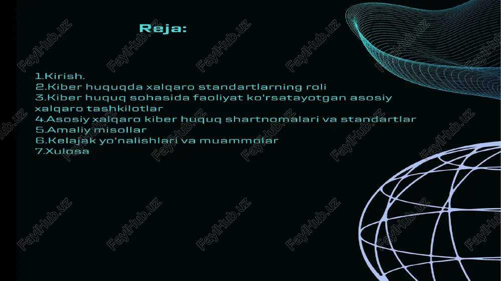 motlarni himoya gilish: xalqaro standartlar, shaxsiy ma'lumotlarni himoya gilishda va kompaniyalar uchun ma'lumotlar xavfsizligi boshgaruv tizimlarini tuzishda yordam beradi. 2. intellektual mulk: ular intellektual mulk hugugini himoya qilishda, shu jumladan, avtorlik huqudi, patentlar, brendlar va_ tijorat nomlari bo'yicha huqularni himoya giladi. 3.elektron savdo: ular elektron tijorat uchun gqoidalar, shartlar va shartnomalarni belgilaydi. 4.xavfsizlik: xalgaro standartlar, tashkilotlar uchun xavfsizlik. tizimlarini tuzish va ulardan foydalanishda yordam beradi. 3 kiber huqug sohasida faoliyat ko'rsatayotgan asosiy xalqaro tashkilotlar: 1 xalqaro savdo mhuquqi_ bo'yicha bmt \~ komissiyasi (uncitral) uncitral - bu birlashgan millatlar tashkilotining xalgaro savdo huqudgi bo'yicha asosiy tashkilotlardan biri. u komissiya xalgaro tijorat hugugini standartlashtirishga yordam beradi. uncitral elektron savdo uchun goidalar va ma'lumotlar xavfsizligi uchun talablarni belgilaydi. 2. xalqaro telekommunikatsiya ittifoqi (itu) itu - bu birlashgan millatlar tashkilotining telekommunikatsiya va informatsion kommunikatsiya texnologiyalari (ikt) sohasidagi ixtisoslashgan idorasi. u internet, mobil aloga, radio va televizion targatish, axborot xavfsizligi va kiber, hugug uchun standartlarni …
