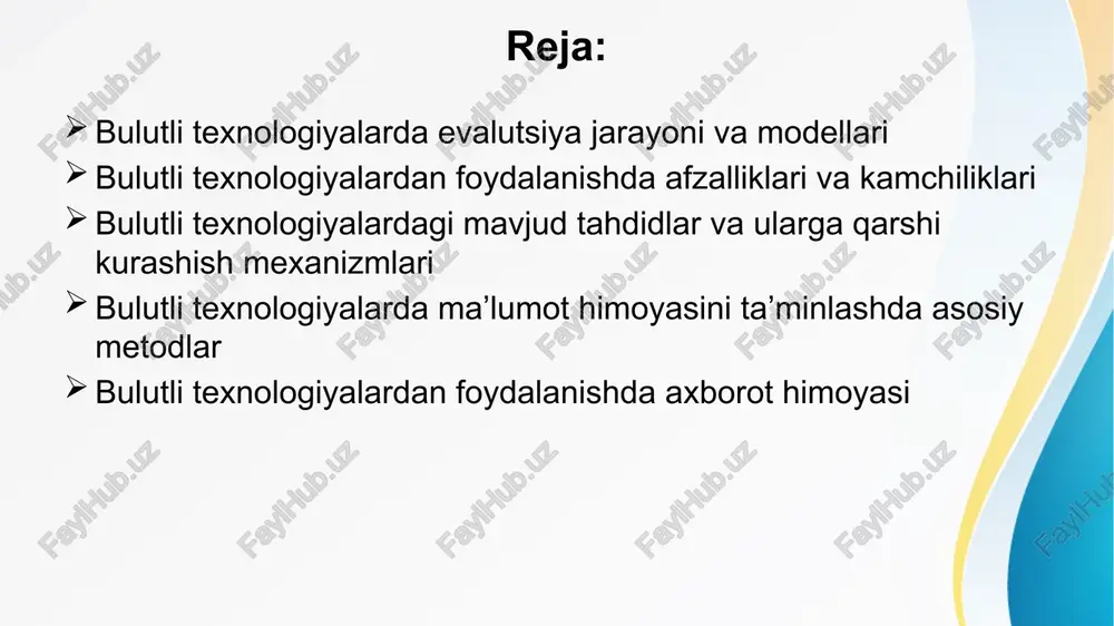 axborot xavfsizligini taminlash soxasida vakolatlarni cheklash; - normative huquqiy aktlarni ishlab chiqish va qabul qilish; tashkiliy va texnik. bunday metodlarga quydagilar kiradi: - axborot xavfsizligini taminlash bo’yicha tizim yaratish va modernizatsiyalash; - ishlab chiqarishda, axborot ximoyasi va nazorot qilish metodlarini vositalaridan samarali foydalanish va komolotga yetkazish; - texnik qurilmalar va dasturlardan kelib chiqadigan xavflarni axborot xavfsizligini taminlashda aniqlash; - axborot xavfsizligi vositalarini sertifikatsiyalash; xususiy bulut. xususiy bulut muxitda axborot xavfsizligini taminlash juda onson xisoblanadi. shaxsiy bulut bilan ishlashda , biz faqat hisoblash resurslari va ma'lumotlar saqlash xizmati modeli va grafik foydalanishmiz mumkin. shunda butun qimmatli malumot kompaniyani o’zida qoladi. qatiy belgilangan choralarda tarmoq o’chib qolganda virtual ish stolidagi malumotlar saqlanib qolmasligi mumkin. bulut – at- infratuzilma tashkilotlarining innavatsion modeli (konsepsiya) xisoblanib, u aloxida ajratilgan va taqsimlangan konfiguratsiyalangan apparat va tarmoq resurslaridan, dasturiy taminotdan tashkil topgan va ular masofadagi provayderlarni malumotlar markazida yotadi. e’tiboringiz uchun rahmat! image1.jpeg image3.png image4.png image5.png image6.png …