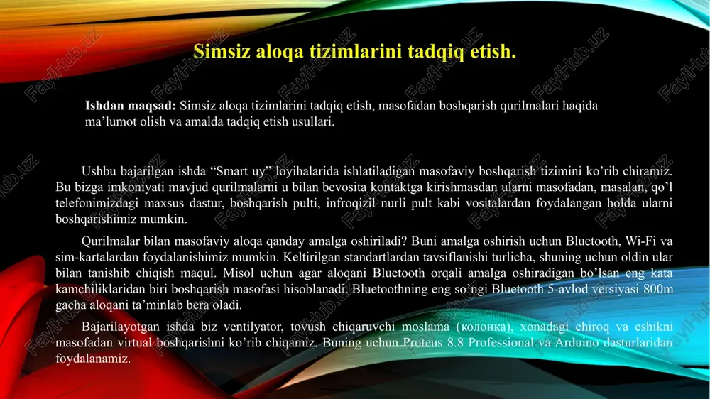 - elektr loyihalarida ishlatiladigan eng keng tarqalgan elektron komponentlardan biridir. tabiiyki, har qanday simulyatsion loyihalar yorug'lik diodining o’chib-yonishi misollaridan boshlanadi. turli xil xususiyatlarga ega bo'lgan turli xil variantlarda va modellarda led-svetodiodlar mavjud. rele - avtomatik sistemalarda boshqarish, ximoya, nazorat, signalizatsiya, rostlash va boshqa disret operatsiyalarni bajarish uchun ko’pqo’llaniladigan qurilma. rezistor (lot. resisto — qarshilik koʻrsataman) — radio va elektrtexnika qurilmalari elektr zanjirining strukturaviy (tugal buyum koʻrinishidagi) elementi; asosiy vazifasi — elektr toki ga faol qarshilik koʻrsatish. generator (lot. generator — ishlab chiqaruvchi) — tashqi energiya manbai hisobiga elektr energiyasi ishlab chiqaruvchi yoki energiyani bir turdan ikkinchi turga oʻzgartiruvchi qurilma; apparat yoki mashina. mening “smart house” loyiham dastur kodi: #include int hd = 0; int tmp = 0; int gaz = 0; servo servo_6; void setup() { pinmode(a1, input); pinmode(a0, input); pinmode(5, input); serial.begin(9600); pinmode(9, output); pinmode(0, output); pinmode(8, output); pinmode(7, output); servo_6.attach(6, 500, 2500); pinmode(4, output); pinmode(3, output); pinmode(2, output); …