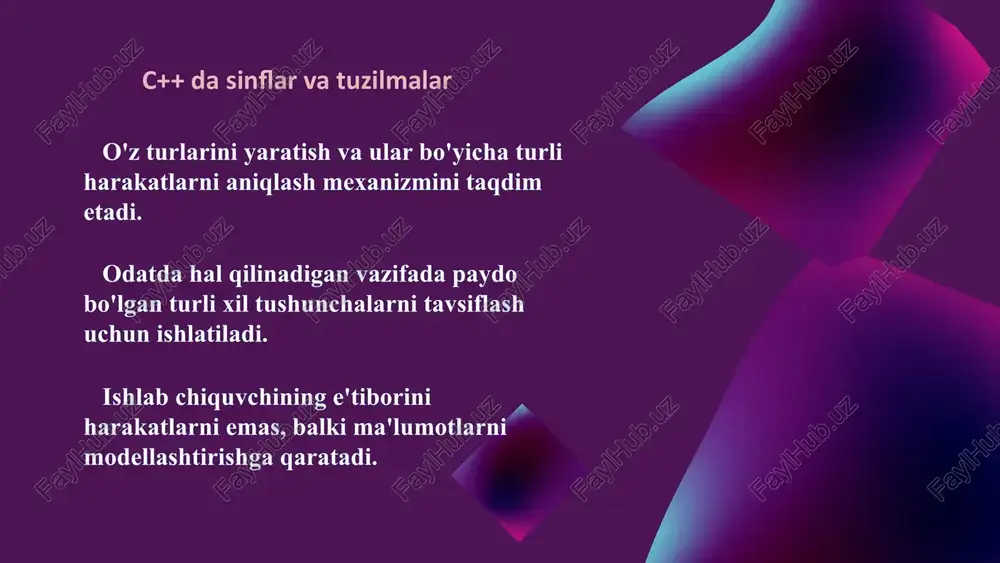 . konstruktorlar sinf obyektlarini yaratish va obyekt atributlarini ishga tushirish uchun mo'ljallangan. konstruktor nomi har doim sinf nomi bilan bir xil bo'ladi. sinf bir nechta konstruktorlarni o'z ichiga olishi mumkin (konstruktorlarning haddan tashqari yuklanishi). konstruktor parametrlarni qabul qilishi mumkin, lekin hech qachon qiymatlarni qaytarmaydi. standart konstruktor parametrlarni qabul qilmaydi va hech qanday harakat qilmaydi. agar sinfda konstruktor e'lon qilinmasa, kompilyator standart konstruktorni (standart konstruktor) taqdim etadi. konstruktorlar rational::rational() { std::cout using namespace std; class myclass { public: myclass() { cout using namespace std; class test { public: //bu yerda konstruktor ishlamoqda test() { cout << "\n constructor executed"; } //bu yerda destruktor ishlamoqda ~test() { cout << "\ndestructor executed"; } }; main() { test t; return 0; } sinf a'zolariga kirish darajalari ochiq (public) kirish - ushbu kirish darajasiga ega bo'lgan a'zolar barcha sinf mijozlariga ko'rinadi. himoyalangan (protected) kirish – ushbu darajadagi a'zolar sinfning o'ziga, uning kichik sinflariga va mavhumliklariga …