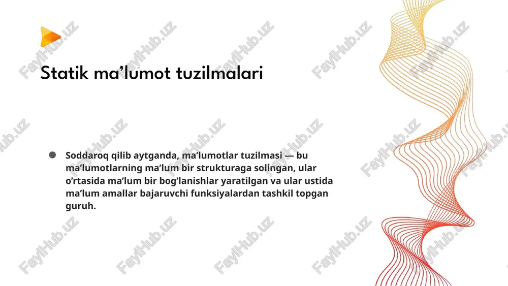 ementni qaytaradi. shuningdek, peek – array boshidagi elementni o’chirmasdan ham qaytarish funksiyasi qo’shilishi mumkin. queuega misol – hamma yerda uchraydigan navbatlar. array c++ tilida massiv ma’lumotlar strukturasi bo‘lib, u o‘xshash ma’lumotlar turlarining bir nechta qiymatlarini qo‘shni xotira joyida saqlash uchun ishlatiladi. massiv - bu bir xil turdagi ma'lumotlar to'plami bo'lib, ular qo'shni xotira joyida saqlanadi. massiv elementlariga ularning indekslari yordamida kirish mumkin. massiv e'lon qilingandan keyin uning o'lchami butun dastur davomida doimiy bo'lib qoladi. massiv bir nechta o'lchamlarga ega bo'lishi mumkin. massivdagi elementlar sonini sizeof operatori yordamida aniqlash mumkin. list bog'langan ro'yxat ma'lumotlar qismini va ro'yxatdagi keyingi elementning xotira manzilini o'z ichiga olgan keyingi ko'rsatgichni o'z ichiga olgan tugunlar to'plamidir. ro'yxatdagi oxirgi elementning keyingi ko'rsatkichi null ga o'rnatiladi va bu ro'yxatning oxirini ko'rsatadi. e’tiboringiz uchun rahmat ! audio1.wav image3.png image1.png image2.png image4.png image5.jpeg image6.png sos snuaaue gs rao. ewes linked list data structure head al data | next — data …