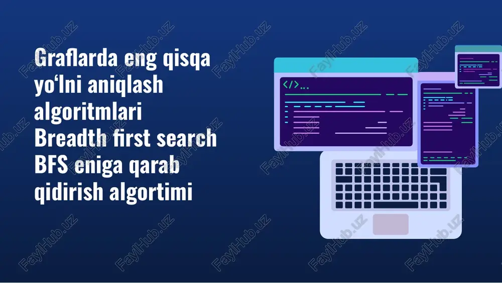 ig'indisiga teng: berilgan grafda eng qisqa masofani topish masalasining formal qo’yilishi eng qisqa masofa aniqlash usullari eng qisqa yo'lni aniqlash masalasi har hil masalalarda berilishiga qarab quyidagicha talafuzlarga ega bo’lish mumkin: ikkita tugun orasidag eng qisqa masofani aniqlash masalasi (single-pair shortest path problem). s tugundan d tugungacha bo’lgan eng qisqa yo’lni aniqlash talab etiladi. berilgan tugundan barcha tugunlarga bo’lgan qisqa yo’llarni aniqlash masalasi berilgan punktga yetib borishning qisqaroq yo’lini aniqlash masalasi (single-source shortest path problem). (single-destination shortest path problem). grafning barcha tugunlaridan v tugunga yetib borishning qisqaroq yo’lini aniqlash talab etiladi. barcha o’zaro tugunlar orasidagi qisqa masofani aniqlash masalasi (all-pairs shortest path problem). xar bir u tugundan xar bir v tugungacha qisqaroq yo’lni aniqlash masalasi graflarda eng qisqa yo’lni aniqlash algoritmlar tahlili hozirgi kunga kelib graflarda eng qisqa y’olni aniqlash uchun ko’plab algoritmlar ishlab chiqilgan. ularni amalga oshirish masalaning berilishiga qarab foydalanish mumkin. hayotiy masalalarida odatda vaznga ega bo’lgan graf …