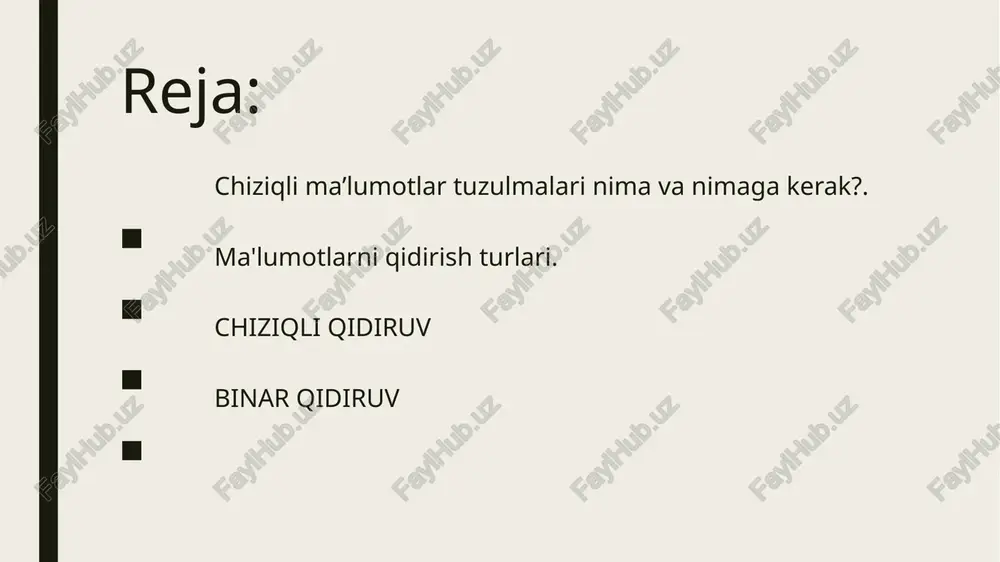 hiziqli qidiruv tarkibiy qidiruvga misol bo'ladi. aytaylik bizga massiv berilgan: a={1,2,3,4,5,6,7,8,9,10} bizga ushbu massivda biron bir element bor yoki yo'qligini tekshira oladigan algoritm tuzish sharti qo'yilgan.ushbu masalani yechishda eng birinchi hayolga keladigan usul - bu massivni ketma-ket har bir elementini solishtirib chiqish va bu usul: chiziqli qidiruv - linear search deb ataladi. algoritm g'oyasi: ma'lumotlar butun jadval bo'yicha operativ xotirada kichik adresdan boshlab, to katta adressgacha ketma-ket qarab chiqiladi. binar qidiruv binar qidiruvning asosiy g'oyalaridan biri ketma-ket ikkiga bo'lishga asoslanadi, ya'ni berilgan x ni massivning o'rtadagi elementi bilan solishtiradi, agar katta bo'lsa oxiri va o'rtasi orasidagi massivni oladi, agar kichkina bo'lsa boshi va o'rtasi orasidagi massivni oladi, va har safar shu jarayon takrorlanib boradi toki x element solishtirilayotgan massivning elementga teng bo'lgunicha yoki massivning elementlari qolmaguncha. : ➢ datatype – bir guruhga mansub elementlar to‘plamining tipi. ➢ arrayname – element to‘plamiga murojaat qilish uchun nom. ➢ arraysize – to‘plamdagi elementlar …