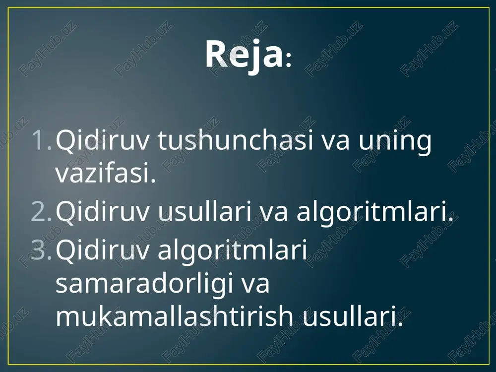 nt key) { for (int i = 0; i n-1) return -1; } for (int x = i; x < m; x ++) if (a[x] == key) return x; return -1; } //dasturda funktsiyadan //foydalanish misoli int main () { int a[5] = { 10, 30, 20, 40, 50 }; cout << search (a, 5, 25 ); return 0; } birinchi usulni magʼzi shundan iboratki, berilgan kalitga teng kalitli element jadvalda birinchi element deb oʼzlashtiriladi, qolganlari esa suriladi. keltirilgan algoritm roʼyxat uchun ham massiv uchun xam oʼrinli. biroq bu algoritm massiv uchun tavsiya qilinmaydi, sababi elementlarni oʼrinlashtirishga koʼrsatkichlarni oʼrinlashtirishdan koʼra ancha koʼp vaqt talab qiladi. transpozitsiya usulida topilgan element jadvalda bitta oldingi element bilan oʼrin almashtiriladi. agarda mazkur elementga koʼp murojaat qilinsa, bittadan oldinga surilib borib natijada jadval boshida boʼladi. ushbu usul nafaqat roʼyxatda, balki massivda xam qulay (sababi faqatgina ikkita yonma-yon turgan element oʼrin almashtiriladi). chiziqli qiduruvni mukamallashtirish usullari …