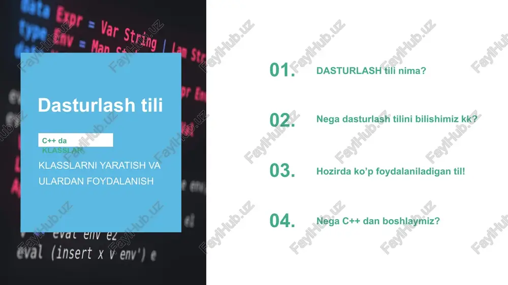 beautiful, but the information is inextricably inextricable and needs to be expressed in more words. your text has been concise and beautiful, but the information *class kalit so’zi myclass deb atalgan bir sinf yaratish uchun ishlatilgan *public kalit so’zi kirish va ochiq deb ifodalaniladi. bu degani classdan tashqarida ham atributlaridan foydalanish mumkin degani. *sinf ichida butun son mynum va satr o’zgaruvchisi mavjud mystring. o’zgaruvchilar sinf ichida e’lon qilinganida, ular sinf atributlari hisoblanadi. *oxirida sinf tarifini nuqta-vergul “;” bilan tugatamiz. misolni qisqacha tushintiramiz: 7 hozirgi kundagi statistik ma’lumotlar: ko’p qo’llaniladigan dasturlash tillari php, javascript, python, c++, delphi, java va b.q c++ funksiya va obyektlarning juda boy kutubxonalariga ega. yani c++ dasturlash tilida dasturlashni o’rganish ikki qismga bo’linadi. birinchisi c++ ning o’zni o’rganish bo’ladigan bo’lsa, ikkinchisi uning standart kutubxonasidagi tayyor obyekt va funksiyalarning qo’llanishini o’rganishdir. shuning uchun ham aynan c++ dasturlash tili hozirda keng qo’llanilayotgan boshqa tillarning asosi yoki ularga yo’l sifatida …
