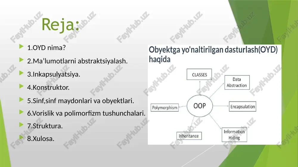 hi maxsus funksiya - a’zo tomonidan, o’chirish esa destruktor deb nomlanuvchi maxsus funksiya – a’zo orqali amalga oshiriladi. sinf ichki berilganlarga murojaatni cheklab qo’yishi mumkin. cheklov berilganlarni ochiq (public), yopiq (private) va himoyalangan (protected) deb aniqlaydi. konstruktor sinf sinf, shu turdagi obyektning tashqi dunyo bilan o’zaro bog’lanishi uchun qat’iy muloqot shartlarini aniqlaydi. yopiq berilganlarga yoki kodga faqat shu obyekt ichida murojaat qilish mumkin. boshqa tomondan, ochiq berilganlarga va kodlarga, garchi ular obyekt ichida aniqlangan bo’lsa ham, programmaning ixtiyoriy joyidan murojaat qilish mumkin va ular obyektni tashqi olam bilan muloqotni yaratishga xizmat qiladi. yaratilgan obyektlarni, ularni funksiya – a’zolariga oddiygina murojaat orqali amalga oshiriluvchi xabarlar (yoki so‘rovlar) yordamida boshqarish mumkin. vorislik – bu shunday jarayonki, unda bir obyekt boshqasining xossalarini o’zlashtiradi. vorislik orqali mavjud sinflar asosida hosilaviy sinflarni qurish mumkin bo’ladi. sinf–avlod - o’zining ota sinfidan (sinf-ajdod) berilganlar va funksiyalarni vorislik bo’yicha oladi, hamda ular qatoriga faqat o’ziga xos bo’lgan qirralarini …
