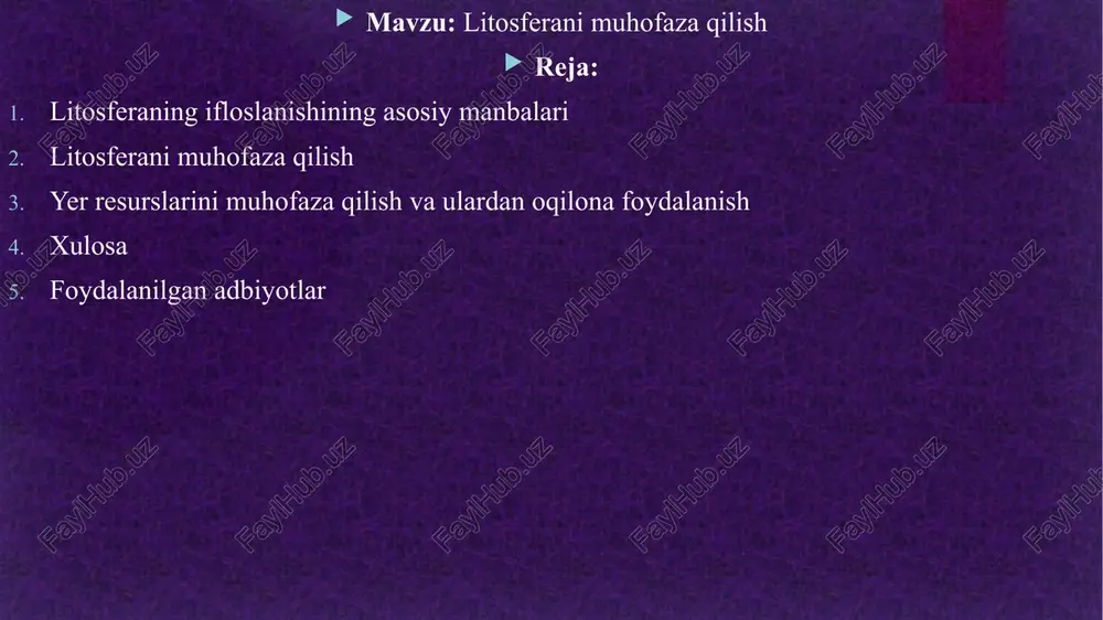 . har yili 4 ming kub kilometrdan ko'proq qazib olinadi. tarkibida metall bo'lgan jinslar va yillik o'sish 3%. tuproqqa kiradigan boshqa metall manbalar: korroziyasi tuproqdagi 10% metalning tarqalishiga olib keladigan tayyor metall konstruktsiyalarning aşınması. mutaxassislarning fikriga ko'ra, 21-asrning o'rtalarida yuz bergan bu jarayonlar tuproqdagi ba'zi metallarning tarkibini 10-100 baravar yoki undan ko'proq ko'payishiga olib keladi. minimal hisob-kitoblarga ko'ra, har yili 122 ming tonna rux, 89 ming tonna qo'rg'oshin, 12 ming tonna nikel, 1,5 ming tonna molibden, 765 tonna kobalt, 30,5 tonna simob sayyora yuzasiga tashlanadi. atmosfera va gidrosferadan farqli o'laroq, o'z-o'zini tozalash jarayoni litosferada deyarli sodir bo'lmaydi, toksikantlar asta-sekin tuproqda to'planib, uning kimyoviy tarkibini o'zgartiradi va litosfera va biosfera o'rtasidagi munosabatlarni buzadi. trofik zanjirlarga ko'ra, ular o'simliklar va hayvonlarning organizmlariga, shuningdek, odamlarga kirib, turli xil jiddiy, hatto genetik kasalliklarni keltirib chiqaradi. litosfera – yerning tosh qobig’i 3 ga yer po’sti, mantiya va yadroga bo’linadi. yerning ichki qismidagi yadro 2 ga …