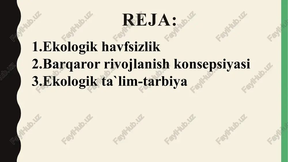 mot berish va o‘rgatish zarur. zararli moddalar chiqindilarini tartibga solish, chiqindilarni boshqarish va suv va havo resurslarining ifloslanishining oldini olish. maqsad - atrof-muhit va inson salomatligiga salbiy ta'sirlarni minimallashtirish. ekologik xavfsizlikning asosiy tamoyillari quyidagilardan iborat: ekologik tozalikka o`z hissangizni qo`shing! barqaror rivojlanish konsepsiyasi kelajak avlodlar ehtiyojlarini buzmasdan, bugungi avlod ehtiyojlarini qondiradigan rivojlanishga yondashuv. asosiy g'oya - iqtisodiy rivojlanish, ijtimoiy farovonlik va atrof-muhitni muhofaza qilish o'rtasidagi muvozanatni topish. barqaror rivojlanish doirasida ular barqarorlik va adolatni ta'minlash, resurslarga hurmat va tabiatni asrashga intiladi. barqaror rivojlanishning muhim jihatlaridan biri ekologik ta’limdir. bu odamlarning ekologik ongini rivojlantirish, atrof-muhitni tushunish va qadrlash, barqaror hayot uchun zarur bo'lgan ko'nikmalarni rivojlantirishga qaratilgan jarayondir. ekologik ta'lim odamlarga atrof-muhitni asrash va muhofaza qilishda faol ishtirok etishga yordam beradi. ekologik ta'limning asosiy maqsadlari quyidagilardan iborat: atrof-muhit muammolari va ularning boshqa ijtimoiy va iqtisodiy muammolar bilan aloqasi haqida xabardorlikni oshirish. barqaror turmush tarzi va tabiiy resurslardan mas’uliyatli foydalanishni rivojlantirishga ko‘maklashish. aqlli …