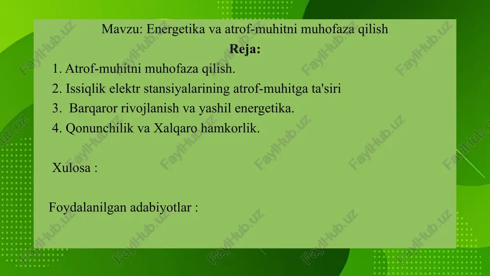 a qilish sohasidagi qonun hujjatlari buzilishlari profilaktikasi, 2030-yilgacha bo‘lgan davrda barqaror rivojlanish sohasidagi milliy maqsad va vazifalarga erishishni ta’minlash maqsadida 2019-yil 30-oktabrda “2030-yilgacha bo‘lgan davrda o‘zbekiston respublikasining atrof-muhitni muhofaza qilish konsepsiyasini tasdiqlash to‘g‘risida”gi prezident farmoni qabul qilindi. i̇ssiqlik elektr stansiyalarining atrof-muhitga ta'siri issiqlik elektr stansiyalari” aksiyadorlik jamiyati o‘zbekiston respublikasidagi elektr va issiqlik energiyasining eng yirik ishlab chiqaruvchisi va yetkazib beruvchisi hisoblanadi hamda iqtisodiyot tarmoqlari va aholining elektr energiyasiga bo‘lgan ehtiyojini to‘liq ta’minlab kelmoqda. bugungi kunda o‘zbekistonda ishlab chiqarilayotgan elektr energiyasining 85 foizidan ortig‘i “issiqlik elektr stansiyalari” hissasiga to‘g‘ri kelmoqda. tabiatni muhofaza etish faoliyati iqtisodiyotni boshqarishda muhim o‘rin egallaydi hamda korxonalar ishlab-chiqarish, iqtisodiy mexanizmining ajralmas tarkibiy qismi sifatida namoyon bo‘ladi. ekologik nazorat tizimini tashkil etish har bir sanoat korxonasi oldida hal qilinishi lozim bo‘lgan eng muhim masalalar qatoriga kiradi. issiqlik elektr stansiyalari” aksiyadorlik jamiyatining tabiatni muhofaza etish faoliyati o‘z korxonalarining atrof-muhitga salbiy ta’sirini kamaytirish va oldini olish, issiqxona gazlarini chiqarishni qisqartirishga …
