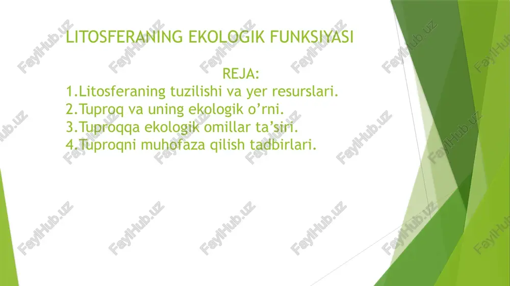 oorganik qoldiq chiqindilariga boyib, tuproq qatlamining hosil boʻlishi tezlashadi. tuproq qatlamining qalinligi taxminan 1-3 metr boʻlib, u a, v, s qavatlardan iborat boʻladi. yuqorida joylashgan chirindiga boy boʻlgan eng unumdor qismi a-gumusli qavat hisoblanadi. uning ostida tepadan yuvilib tushgan karbonat tuzli villyuvial qavat joylashgan boʻlib, 1,5-2 metr chuqurlikgacha kam oʻzgargan eng quyida s-ona jinsli qavat yotadi. tuproq turlari qutblardan ekvatorga hamda tekisliklardan togʻlarga qarab iqlim oʻzgarishi bilan qonuniy ravishda oʻzgarib boradi. moʻtadil mintaqaning yillik yogʻingarchiligi 500–600 mm boʻlgan oʻrmon choʻllarida chirindi(gumus) ga boy (10 % gacha) eng unumdor, qoʻngʻir, qora tuproqlar tarqalgan. markaziy osiyoning dasht va yarim dashtlarida oʻsimliklarning tabiiy sharoitda rivojlanishi uchun namlik yetishmaganligi sababli[3], kam (1-2 %) gumusli kul rang, bo'z tup­roqlar tarqalgan. geologik zamin, rel’ef va iqlimning oʻzgarishiga qarab, har yerning oʻziga xos tuproqlari, oʻsim­lik turlari va hayvonot dunyosi rivojlanadi[4]. litosfera sathidan insoniyatning yashashi uchun zarur boʻlgan qishloq xoʻjalik mahsulotlari (inshootlar qurishda foydalanishdan tashqari) va qazilma boyliklar …