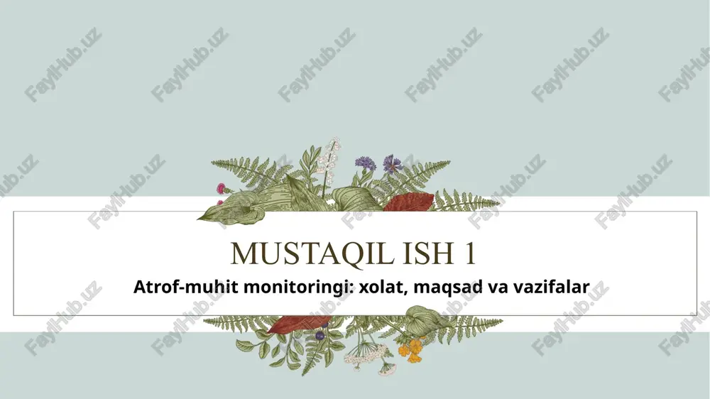 bashorat qilish. 1 atrof muhit sifatini baholash va ifloslanish darajasini aniqlash. ifloslanish manbalarini va boshqa ekologik muammolarni aniqlash va aniqlash. atrof-muhitni muhofaza qilish va ekologik jarayonlarni tartibga solish bo'yicha ko'rilayotgan chora-tadbirlar samaradorligini baholash vaqt o'tishi bilan ekotizim holatining o'zgarishi tendentsiyalarini aniqlang 5 4 2 3 atrof-muhit monitoringining vazifalari zagolovok prezentatsii 8 8 suv sifati, havo sifati, tuproq sifati, biologik xilma-xillik va boshqalar kabi atrof-muhit ma'lumotlarini to'plash va tahlil qilish. ekotizimdagi o'zgarishlarni kuzatish va ularning oqibatlarini baholash. ifloslanish darajasini baholash va ifloslanish manbalarini aniqlash. atrof-muhitni muhofaza qilish va ekologik faoliyatni amalga oshirish bo'yicha qarorlar qabul qilish uchun ma'lumot va tavsiyalar berish. atrof-muhit holatini yaxshilash va inson faoliyatining salbiy ta'sirini minimallashtirish bo'yicha strategiya va chora-tadbirlarni ishlab chiqish va amalga oshirish. atrof-muhit monitoringini talab qiladigan asosiy holat inson faoliyati natijasida atrof-muhitning buzilishidir. insonning tabiiy jarayonlarga aralashuvi, havo, suv va tuproqning ifloslanishi, o'rmonlarning kesilishi va boshqa turdagi salbiy ta'sirlar tabiiy tizimlardagi muvozanatning buzilishiga olib …
