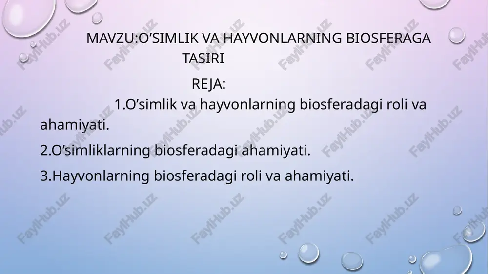feraning gaz tarkibini shakllantirishdir. fotosintez tufayli o'simliklar yiliga 510 tonna zarur kislorodni atmosferaga chiqaradi. ular chirindi tufayli tuproq unumdorligini oshiradi. ildizlari bilan ular minerallardan bir qismini tuproqdan so'rishadi va keyin ularni ozuqa sifatida hayvonlarga o'tkazadilar. o'simliklar tabiat hayotida juda katta rol o'ynaydi, iqlim, suv manbalari, hayvonlarning hayotiga, shuningdek biosferaning boshqa tarkibiy qismlariga ta'sir qiladi. o'simliklar bizning sayyoramizda odamlar paydo bo'lishidan ancha oldin yashagan. o'shandan beri ular turli xil er maydonlarida yashashgan, ba'zida hayotga juda oz moslashgan. ular tundrada, o'rmonlarda, dashtlarda, cho'llarda o'sadi. ular ko'llar, daryolar, dengizlar va okeanlarda yashaydilar. o'simliklarni hatto yalang'och qoyalarda va bo'sh qumlarda ham topish mumkin. ulardan ko'payib, odamlarning aralashuvisiz tuproqqa joylashadiganlarni yovvoyi o'simliklar deb atashadi. hozirgi kunda dunyoda qariyb 500 ming turli xil yovvoyi o'simlik turlari mavjud. yer aholisi tobora o'sib bormoqda. ko'p sonli odamlar yashash uchun doimo yangi joylarga muhtoj. shuning uchun ko'proq shaharlar qurilmoqda, o'rmonlar kamroq va kamroq. shahar aholisi beton, shisha va temir …