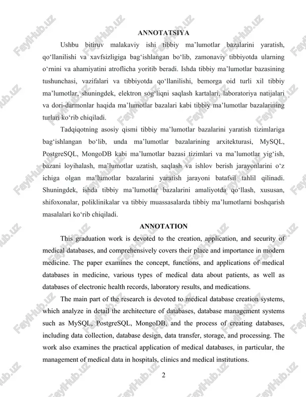 icular, the management of medical data in hospitals, clinics and medical institutions. annotatsiya dannaya dissertatsiya posvyashena sozdaniyu, ispolzovaniyu i bezopasnosti meditsinskix baz dannix i daet vsestoronniy obzor ix roli i znacheniya v sovremennoy meditsine. v rabote rassmatrivayutsya kontseptsiya, funktsii i primenenie meditsinskoy bazi dannix v meditsine, razlichnie tipi meditsinskoy informatsii o patsiente, a takje tipi meditsinskix baz dannix, takie kak elektronnie meditsinskie karti, rezultati laboratornix issledovaniy i bazi dannix lekarstvennix preparatov. osnovnaya chast issledovaniya posvyashena sistemam sozdaniya meditsinskix baz dannix, v kotoroy daetsya podrobniy analiz arxitekturi baz dannix, sistem upravleniya bazami dannix, takix kak mysql, postgresql, mongodb, a takje protsessa sozdaniya baz dannix, vklyuchaya sbor dannix, proektirovanie baz dannix, peredachu dannix, xranenie i obrabotku. v rabote takje rassmatrivayutsya voprosi prakticheskogo primeneniya meditsinskix baz dannix, v chastnosti voprosi upravleniya meditsinskimi dannimi v bolnitsax, klinikax i lechebno-profilakticheskix uchrejdeniyax. mundarija kirish 6 i-bob. tibbiy ma’lumotlar bazalari haqida umumiy ma’lumot 12 1.1. tibbiy ma’lumotlar …