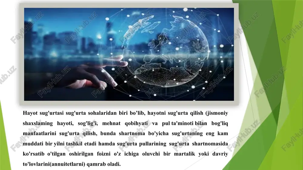 o‘rsatilgan sug‘urta davri sug‘urtalovchi tomonidan bir tomonlama tartibda bekor qilinishi yoki o‘zgartirilishi mumkin emas. shaxsiy sug‘urta – baxtsiz hodisalar yoxud tabiiy hodisalar ro‘y berishi oqibatida fuqarolarning hayoti va sog‘ligiga shikast yetkazilishi bilan bog‘liq ularning mulkiy manfaatlarini himoyalashga qaratilgan sug‘urtaning mustaqil tarmog‘i. shaxsiy sug‘urta fuqarolar boshiga kulfat tushganda ularni moddiy jihatdan qo‘llab-quvvatlashning muhim vositasi hisoblanadi. shu ma’noda, shaxsiy sug‘urta ijtimoiy himoyaning hayotiy tajribada sinalgan ishonchli shaklidir. shaxsiy sug‘urtaning, xususan uning ajralmas bo‘g‘ini bo‘lgan fuqarolarni baxtsiz hodisalardan sug‘urtasining joriy etilishi bir necha asrlik tarixga ega. 1541 yilda yevropada mavjud bo‘lgan dengiz huquqi qoidalariga ko‘ra, kema egalari shu kema kapitanlarini baxtsiz hodisalardan sug‘urtalashlari shart bo‘lgan. shaxsiy sug‘urtaning ba’zi belgilari qadimgi rimliklarga ham ma’lum bo‘lgan. o‘sha paytda diana va antoni muxlislarining diniy jamiyati bo‘lgan. unga a’zo bo‘lib kirgan shaxslar a’zolik badalini to‘lashgan. jamiyat a’zolaridan vafot etganda uni ko‘mish bilan bog‘liq xarajatlar jamiyat hisobidan amalga oshirilgan va hatto, pul mablag‘larining muayyan qismi vafot etgan shaxsning …