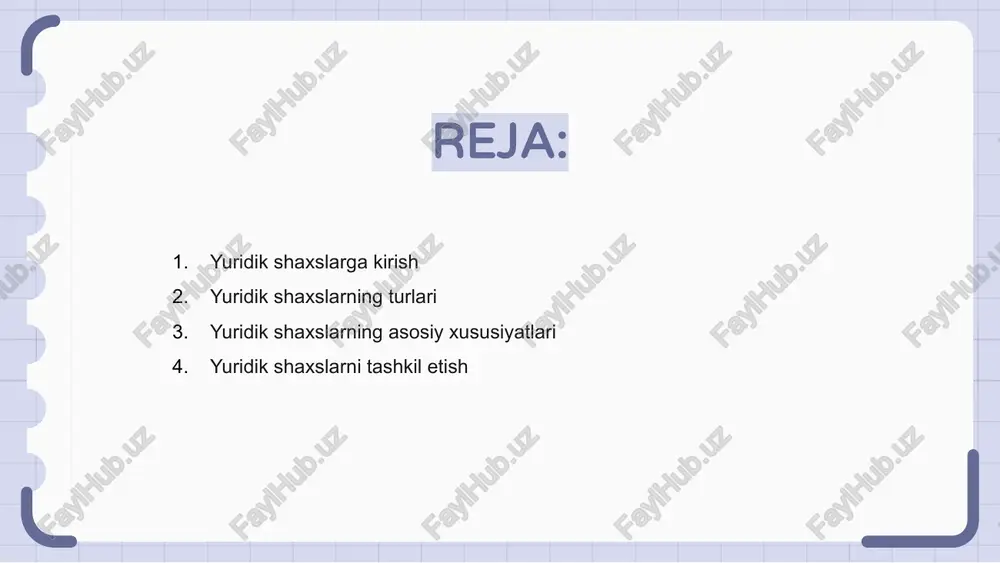 lar korporatsiyalar, mas'uliyati cheklangan jamiyatlar (mchj), shirkatlar yoki yakka tartibdagi tadbirkorlar kabi turli shakllarda bo'lishi mumkin, ularning har biri o'ziga xos xususiyatlar va talablarga ega. yuridik shaxslarni tashkil etish “yuridik shaxs – yuridik shaxslarning tashkil etilishi” slaydda biz yuridik shaxsni tashkil etish bosqichlarini muhokama qilamiz. yuridik shaxslar korporatsiyalar, shirkatlar yoki mas'uliyati cheklangan jamiyatlar shaklida tuzilishi mumkin, ularning har biri o'ziga xos talab va imtiyozlarga ega. yuridik shaxslarni shakllantirish jarayonini tushunish me'yoriy-huquqiy hujjatlarga rioya qilish va tarkibiy jihatdan mustahkam tadbirkorlik sub'ektini tashkil etish uchun juda muhimdir. yuridik shaxs tuzilmalarini solishtirish yuridik shaxs tuzilmalarini solishtirganda, yakka tartibdagi tadbirkorlik, sheriklik, korporatsiya va mas'uliyati cheklangan jamiyat kabi turli xil variantlarni hisobga olish kerak. har bir tuzilmaning o'ziga xos afzalliklari va kamchiliklari mavjud bo'lib, ular javobgarlikni himoya qilish, soliq oqibatlari, boshqaruv tuzilmasi, shakllantirish va saqlash qulayligi kabi omillarga bog'liq. ushbu tuzilmalar o'rtasidagi farqlarni tushunish sizning biznes ehtiyojlaringiz va maqsadlaringizga eng mos keladiganini tanlashga yordam beradi, …