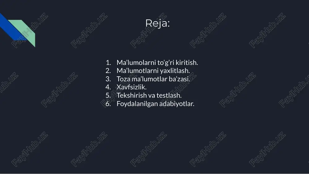 sh va saqlash uchun texnik talablarni, masalan, bazaning tashqi muhito bilan aloqasini, texnik qo'llaniladigan dasturlarni o'rnatish talablarni nazarda tutish. 10. audit: ma'lumotlarni to'g'ri kiritish jarayonlarini va muammolarini aniqlash uchun kuzatish va audit qo'llash. bu talablarni ma'lumotlar bazasiga kiritish jarayonini sifatli, yaxlit va xavfsiz qilish uchun quyidagi umumiy prinsiplarga amalga oshirish muhimdir. bu validatorlar npm package class-validator dan olinadi validatorlar (data validation libraries) turli dasturlar va kutubxonalarda ma'lumotlarni to'g'ri formatda va validatsiya qilish uchun funksiyalar mavjud. misol uchun, javascript-da "validator" kutubxonasini ishlatish orqali ma'lumotlar to'g'ri kiritilganligini tekshirish mumkin. yaxlitlash ma'lumotlarni so'rovnoma: ma'lumotlarni o'zgartirish, ko'rish va saqlash jarayonlarini tizimga bir qadam bilan joylashtirish. qadam-qadam emas ravishda, moslashtirilgan interfeys bilan foydalanuvchining ma'lumotlarni kiritishini ta'minlash. qulay shkalalar va xatolar: qulay shkalalar orqali foydalanuvchining ma'lumotlarini kiritishini osonlashtirish. xato xabarlarni aniq va foydalanuvchiga yordam bera olish uchun o'zgartirishlar kiritilganida foydalanuvchi bilan o'rtasida aloqa tuzilishi. avto to'ldiruvlar: foydalanuvchidan olinayotgan ma'lumotlarni avtomatik ravishda to'ldirish uchun yordamchi vositalardan foydalanish. …