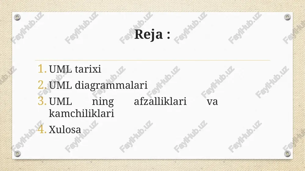 technique (omt)) tomonidan ishlab chiqilgan booch usuli ayniqsa mashhur bo'ldi. ulardan tashqari, boshqa usullar ham bor edi. fusion, shlaer-mellor va coad-yourdon kabi tugallangan texnologiyalar, ammo ularning barchasi nafaqat afzalliklarga, balki sezilarli kamchiliklarga ham ega edi. uml 1.x umlga qiziqish ortib borayotganidan so'ng, digital equipment corporation, hewlett-packard, i-logix, intellicorp, ibm, icon computing, mci systemhouse, microsoft, oracle corporation, rational software kabi kompaniyalar tilning yangi versiyalarini ishlab chiqishga qo'shildi. uml partners konsorsiumida. , texas instruments va unisys. qo'shma ishning natijasi 1997 yil yanvar oyida chiqarilgan uml 1.0 spetsifikatsiyasi bo'ldi. undan keyin oʻsha yilning noyabr oyida 1.1-versiyasi paydo boʻldi, unda notaviy yaxshilanishlar hamda baʼzi semantik kengaytmalar mavjud. uml ning keyingi versiyalari 1999 yil iyun, 2001 yil sentyabr va 2003 yil mart oylarida chop etilgan 1.3, 1.4 va 1.5 versiyalarini o'z ichiga oladi. uml 1.4.2 iso/iec 19501:2005 tomonidan xalqaro standart sifatida qabul qilingan. uml 2.0 uchun rasmiy spetsifikatsiya 2005 yil avgust oyida nashr etilgan. tilning …