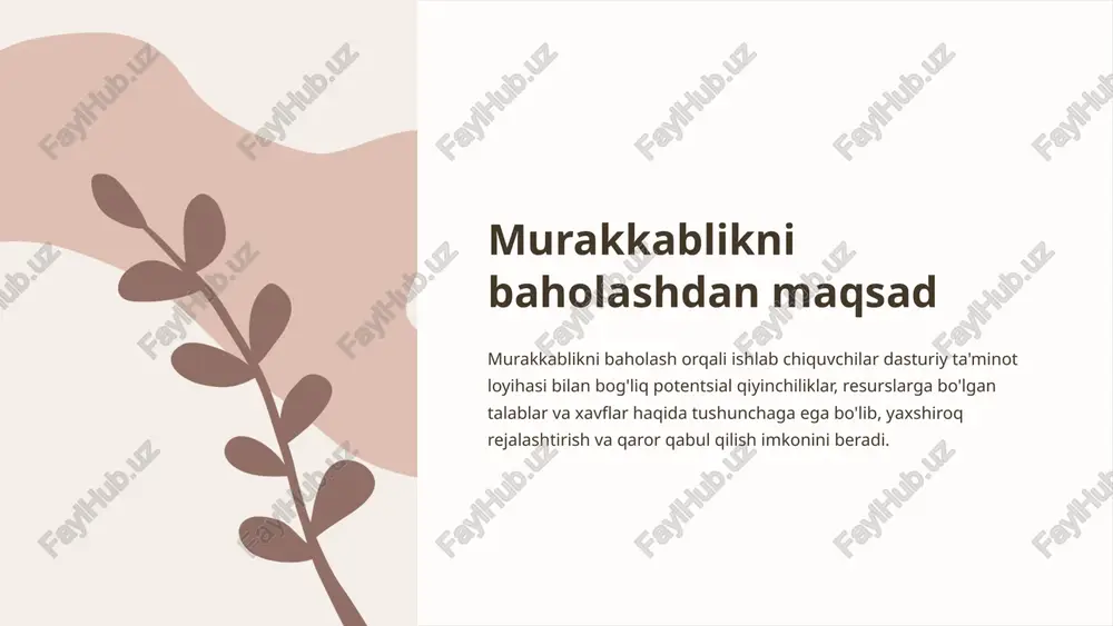 gini oshirishi mumkin. subyektivlik murakkablikni baholash shaxslar yoki jamoalar orasida farq qilishi mumkin bo'lgan sub'ektiv mulohazani o'z ichiga olishi mumkin. 6 murakkablikni baholashda muvaffaqiyat omillari ma'lumotlarga asoslangan yondashuv murakkablikni baholash uchun empirik ma'lumotlar va ob'ektiv ko'rsatkichlardan foydalanish aniqroq baholashga olib keladi. hamkorlikdagi sa'y-harakatlar murakkablikni birgalikda baholash va turli istiqbollarga ega bo'lish uchun ko'p tarmoqli jamoalar va manfaatdor tomonlarni jalb qilish. 7 xulosa va asosiy xulosalar murakkablikni samarali baholash dasturiy ta'minotni muvaffaqiyatli ishlab chiqish uchun zarurdir. maqsadni, turlarini, omillarini, usullarini, qiyinchiliklarini va muvaffaqiyat omillarini tushunib, jamoalar asosli qarorlar qabul qilishlari va loyihaning butun hayoti davomida xavflarni kamaytirishlari mumkin. 8 image1.png image2.png image3.png image4.png image5.png image6.png image7.png image8.png nye [ tal | duarte
