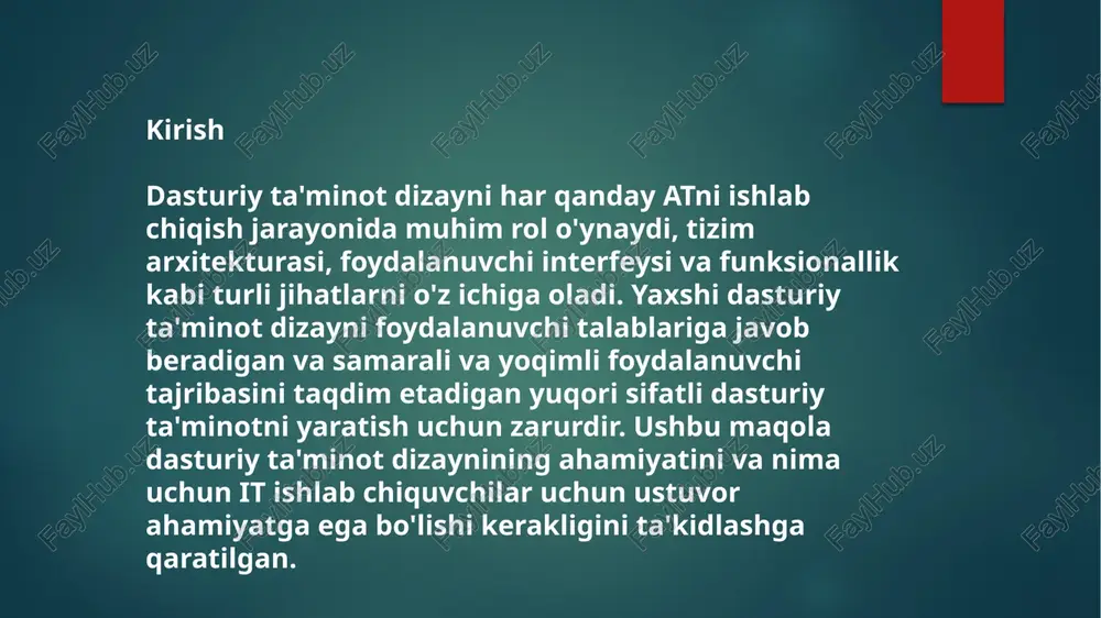 rqali vaqt va kuchni tejash imkonini beradi. yaxshi dasturiy ta'minot dizayni modullashtirishga urg'u beradi, bu atni qayta foydalanish mumkin bo'lgan komponentlarni aniqlash va chiqarishni osonlashtiradi. bu nafaqat rivojlanish samaradorligini oshiradi, balki muvofiqlikni oshiradi va tashkilot ichidagi turli loyihalar bo'yicha kodni standartlashtirishga yordam beradi. 4. foydalanuvchi tajribasi dasturiy ta'minot qanchalik mustahkam yoki kuchli bo'lishidan qat'i nazar, agar foydalanuvchilar itdan foydalanish yoki navigatsiya qilishda qiynalsa, it muvaffaqiyatli bo'lmaydi. foydalanuvchi tajribasi (ux) dasturiy ta'minot dizaynining muhim jihati bo'lib, u intuitiv foydalanuvchi interfeyslari, aniq navigatsiya yo'llari va sezgir dizaynni o'z ichiga oladi. dizayn bosqichida ux tamoyillarini hisobga olgan holda, ishlab chiquvchilar foydalanuvchilarga qulay va foydalanish uchun yoqimli dasturiy ta'minotni yaratishi mumkin, bu esa foydalanuvchilarni qabul qilish stavkalari va mijozlar qoniqishini oshiradi. 5. ishlash samarali ishlab chiqilgan dasturiy ta'minot foydalanuvchilarning vazifalarni tez va keraksiz kechikishlarsiz bajarishini ta'minlab, optimal ishlashni ta'minlaydi. algoritmlarni, ma'lumotlar tuzilmalarini va tizim arxitekturasini diqqat bilan ko'rib chiqish dasturiy ta'minotning umumiy ishlashiga sezilarli …