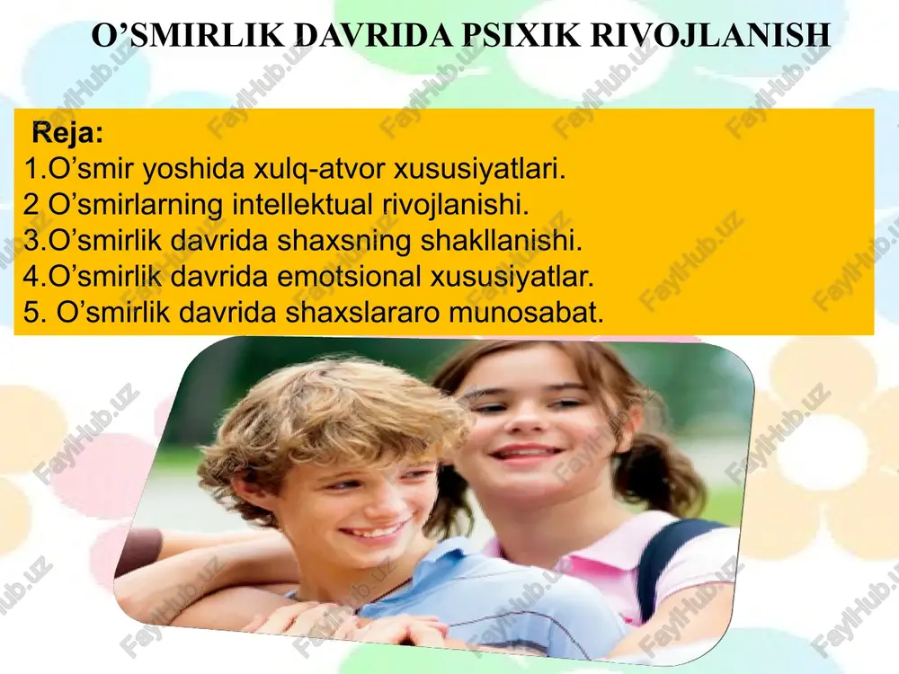 atematikaga, fizika yoki kimyoga, duradgorlik, slesarlik yoki qandaydir boshqa bir ishlarga nisbatan ishtiyoq yuzaga keladi, ammo o‘quvchilar xuddi shunday yo‘l bilan yolg‘onchilikka, bezorilikka va boshqa axloqsiz xatti-harakatlarga ham o‘rganib qolishlari mumkin. o’smirlarning intellektual rivojlanishi endi o‘smirlar o‘yin hamda damga kamroq vaqtlarini ajratgan holda ko‘proq jiddiy ishlar bilan shug‘ullana boshlaydilar va ularda bilish jarayonlari jadal rivojlana boshlaydi. maktab ta’limi o‘smir bilish jarayonlarini rivojlanish yo‘nalishini sifat jihatidan o‘zgarishda asosiy omil bo‘lib xizmat qiladi. o’smirlik davrida bolaning ayrim fanlarga ko’proq qiziqib qolishi ko’pincha fan o’qituvchisining o’qitish metodikasi yoqishiga bog’liq bo’ladi. o‘smirlik davrida nutqning rivojlanishi bir tomondan so‘z boyligining oshishi hisobiga bo‘lsa, ikkinchi tomondan tabiat va jamiyatdagi narsa, voqea va hodisalarning mazmun-mohiyatini anglashlari hisobiga bo‘ladi. bu davrda o‘smir til yordamida atrof-borliqni aks ettirish bilan bir qatorda inson dunyoqarashini ham belgilab berish mumkinligini his qila boshlaydi. aynan o‘smirlik davridan boshlab, inson nutq bilish jarayonlarining rivojlanishini belgilab berishini tushuna boshlaydi. o‘smirni ko‘pincha muomalada so‘zlarni ishlatish qoidalari …