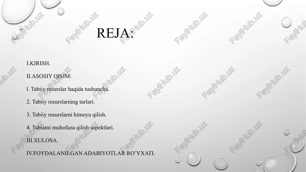 n suv, ovlanadigan hayvonlar. b) ishlab chiqarishdan tashqari sfera resurslari, ichimlik suv, daraxtlar, kishilarni davolash uchun iqlim resurslari va hakozolar. tabiat resurslari, tabiiy boyliklar — jamiyatning moddiy va maʼnaviy ehtiyojlarini qondirish maqsadlarida xoʻjalikda foydalaniladigan hamda insoniyatning yashashi uchun zarur boʻlgan, uni oʻrab turgan tabiiy muhitning barcha tabiat komponentlari, energiya manbalari. tabiat resurslariga quyosh energiyasi, yerning ichki issiqligi, suv, yer, mineral boyliklar, foydali qazilmalar, oʻsimliklar, tuproqlar, hayvonot dunyosi kiradi. tabiat resurslari tugaydigan (koʻpgina foydali qazilmalar), tugamaydigan (suv, havo, quyosh nuri, yerning ichki energiyasi) va tiklanadigan (biologik elementlar, ayrim foydali qazilmalar) boyliklarga boʻlinadi. tabiiy xom ashyolarni koʻp darajada isteʼmol qiluvchi kuchlarning jadal rivojlanishiga bogʻliq ravishda tabiat resurslari bilan taʼminlash muammolari yanada dolzarblashib bormoqda. tuproq, atmosfera va gidrosferaning ifloslanishiga qarshi kurashishda jahonning barcha mamlakatlari kelishib faoliyat yuritishlari zarur boʻlib, tabiat resurslari muhofazasi global xarakterga ega boʻlmoqda. tabiat resurslarini oʻzlashtirishning muhim bosqichlari — ularni aniqlash (razvedka qilish), oʻrganish, alohida turlari boʻyicha kadastrlar (masalan, yer …