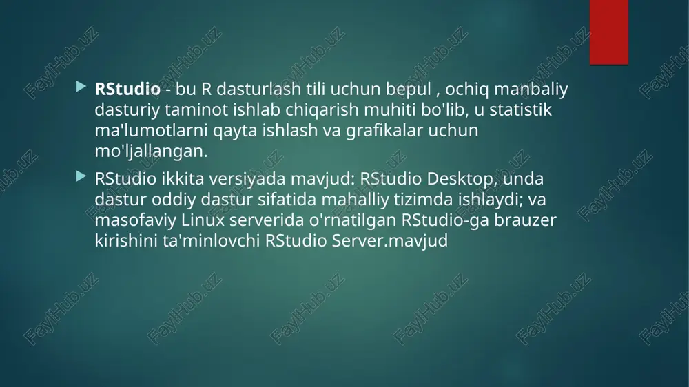 a oldingi fayl tizimlari haqida ma'lumot topish va uning asosida fayllarni tiklash uchun diskdagi ma'lumotlarni tahlil qilish. muvaffaqiyatli bo'lsa, nafaqat fayllarning o'zini, balki diskdagi butun papka tuzilishini, shuningdek ularning vaqt belgilarini tiklash mumkin. fayllarni fayl imzolari bo'yicha, ya'ni ma'lum bir fayl turiga xos baytlar ketma-ketligi, masalan, jpg yoki doc fayllari bo'yicha qidiriladi. fayl tizimlari haqidagi ma'lumotlar shu qadar shikastlanganki, birinchi usulni qo'llash mumkin bo'lmagan hollarda qo'llaniladi. bunday holda, faqat fayllar tarkibi tiklanadi va ularning nomlari, papka tuzilishi va vaqt belgilari haqidagi ma'lumotlar yo'qoladi. ma'lumotni tiklash dasturining o'ziga qo'shimcha ravishda, r-studio quyidagilarni o'z ichiga oladi: to'liq xususiyatli diskdagi ma'lumotlar muharriri. raid tiklash moduli . ham standart, ham moslashtirilgan darajalar qo'llab-quvvatlanadi. raid parametrlarini avtomatik aniqlash mavjud. disklarni nusxalash va ularning tasvirlarini yaratish moduli. disklar uchun smart parametrlarini kuzatish moduli mahalliy tarmoq va internet orqali ma'lumotlarni tiklash moduli. ochilmaydigan kompyuterlardan ma'lumotlarni qayta tiklash uchun r-studio-ning favqulodda versiyasi. o'rnatilgan windows, macos yoki linux operatsion …