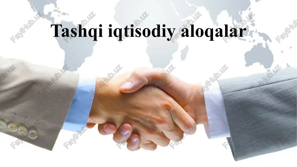 ini kuchaytirish zarur. yana bir muhim vazifalardan biri - bu dehqon va fermer xo‘jaliklarga tashqi bozorda barqaror xaridorlarni topishdir. ishlab chiqarishning rivojlanishiga hamohang ko‘plab mahsulotlarning, jumladan, yoqilg‘i, oziq-ovqat va xalq iste’moli buyumlarining importi qisqarmoqda. umumiy importning 3/4 qismini texnik va ishlab chiqarish jihozlari hamda asbob-uskunalar tashkil qiladi. bu mamlakat iqtisodiyotining rivojlanish istiqbollariga aynan mos keladi. o‘zbekistonda 4200 dan ortiq xorijiy korxona faoliyat ko‘rsatmoqda. endilikda o‘zbekiston jahon banki, osiyo taraqqiyot banki, islom taraqqiyot banki, opec xalqaro rivojlanish jamg‘armasi, saudiya taraqqiyot jamg‘armasi kabi xalqaro moliyaviy tashkilotlar bilan yaqin hamkorlik qilmoqda. xalqaro moliyaviy tashkilotlar bilan hamkorlik qilib, mamlakat ishlab chiqarish kuchlarini modernizatsiya qilish va yangilash uchun chet el sarmoyasini kiritish shakli investitsiya deb ataladi. mamlakat taraqqiyotini jadallashtirish uchun investitsiyalarni yanada ko‘proq jalb etish maqsadga muvofiq bo‘ladi. tashqi iqtisodiy aloqalarni rivojlanish istiqbollari taqozosi o‘laroq mamlakatimiz hududida maxsus erkin iqtisodiy zonalar tashkil etilayotganligi xususida avvalgi darslardan xabardorsiz. ularning dastlabkisi o‘zbekiston hududining geografik markazi - navoiy …