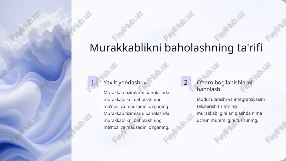 jalari va strategiyalarni sharhlashda o'ziga xos sub'ektivlikni o'rganing. 3 axloqiy mulohazalar shaffoflik va manfaatdor tomonlarning ishtirokini ta'kidlab, murakkablikni baholashda axloqiy dilemmalar va mas'uliyatlarni muhokama qiling. 5 case studies: real-jahon misollar ishlab chiqarish sektori murakkablikni baholash qanday qilib yashirin to'siqlarni aniqlaganini va ishlab chiqarish jarayonlari samaradorligini oshirganini ko'ring. shahar transporti modul ulanishi va integratsiyasini tahlil qilish shahar transport tarmoqlarining ishonchliligi va mustahkamligini qanday oshirganini o'rganing. sog'liqni saqlash tizimlari tibbiy davolash protokollarining o'zaro bog'liqligini tahlil qilish orqali murakkablikni baholash bemorni parvarish qilishni optimallashtirishga qanday yordam berganini bilib oling. 6 xulosa: murakkablikni qabul qilish 1 asosiy fikrlarning qisqacha mazmuni tizimni tushunishni yaxshilashda murakkablikni baholash, modul ulanishi va integratsiyaning muhim jihatlarini takrorlang. 2 kelajakdagi yo'nalishlar rivojlanayotgan texnologiyalar va murakkablikni baholash metodologiyalarini ilgari surishda fanlararo yondashuvlar imkoniyatlarini muhokama qiling. 3 murakkablikni qabul qiling tomoshabinlarni murakkablikni rivojlanish, innovatsiyalar va barqaror rivojlanish imkoniyati sifatida qabul qilishga undash. 7 image1.png image2.png image3.png image4.png image5.png image6.png image7.png image8.png