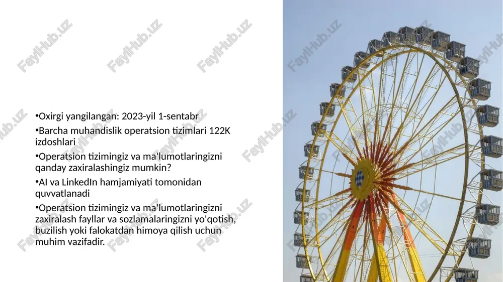 n foydalanishga yordam beradi. 1-qadam: microsoft hisob qaydnomasi bilan tizimga kiring bu windows, microsoft 365, onedrive, xbox va boshqalar bilan bog'langan hisob. zaxiralangan ma'lumotlaringiz microsoft hisob qaydnomangizda saqlanadi, shuning uchun yangi shaxsiy kompyuterda narsalaringizga qaytish tizimga kirish kabi oson. microsoft hisob qaydnomangizga kirish uchun boshlash > sozlamalar > hisob qaydnomalari > maʼlumotlaringiz-ni tanlang. buning o'rniga microsoft hisob qaydnomasi bilan tizimga kirishni tanlang. buni faqat mahalliy hisobdan foydalansangiz ko'rasiz. agar uning oʻrniga mahalliy hisob qaydnomasi bilan kirishni koʻrsangiz, siz allaqachon microsoft hisob qaydnomangizdan foydalanasiz. muhim: windows zaxira nusxasi bilan shaxsiy microsoft hisob qaydnomasidan foydalanishingiz kerak. ish yoki maktab microsoft hisob qaydnomalari ishlamaydi. 2-qadam: jildlaringizni zaxiralang windows zaxiralash barcha zaxira ehtiyojlaringiz uchun oson va bitta to'xtash joyidir. bepul microsoft hisob qaydnomangiz 5 gb onedrive bulutli xotirasi bilan birga keladi (agar kerak bo‘lsa, qo‘shimcha xotira ham mavjud) va papkalarni zaxiralash siz ko‘rsatgan papkalarni onedrive hisob qaydnomangiz bilan sinxronlashtirib, ularga siz foydalanadigan barcha kompyuterlarda …