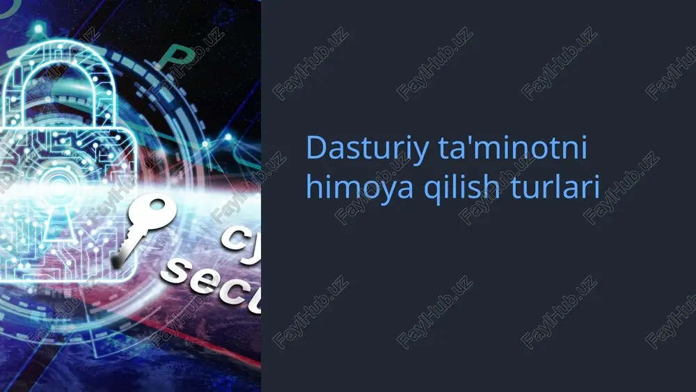 iruslar bir kompyuterdan ikkinchisiga, ko'pincha elektron pochta qo'shimchalari yoki zararlangan fayllar orqali tarqalishi mumkin bo'lgan zararli dasturlardir. fishing hujumlari fishing kiberhujumning bir turi boʻlib, foydalanuvchilarni parollar va kredit karta raqamlari kabi shaxsiy maʼlumotlarni oshkor qilishda aldashdan iborat. spyware spyware - bu shaxs yoki tashkilot haqidagi ma'lumotlarni ularning bilimi yoki roziligisiz to'playdigan dastur. ransomware ransomware - bu kompyuterdagi fayllarni shifrlashi mumkin bo'lgan zararli dastur bo'lib, to'lov to'lanmaguncha ularni yaroqsiz holga keltiradi. 4 dasturiy ta'minot xavfsizligi qatlamlari dasturiy ta'minot xavfsizlik qatlamlari dasturiy ta'minotni ruxsatsiz kirishdan himoya qilish uchun qo'llaniladigan bir qator chora-tadbirlardir. bu choralarga quyidagilar kiradi: kirish nazorati autentifikatsiya shifrlash faervollar bosqinlarni aniqlash tizimlari zararli dasturlardan himoya qilish 1 kirish nazorati kirish nazorati - foydalanuvchining identifikatori yoki boshqa atributlari asosida kompyuter tizimidagi resurslarga kirishni cheklash amaliyotidir. 2 shifrlash shifrlash - bu ruxsatsiz kirishning oldini olish uchun ma'lumotni kodga aylantirish amaliyotidir. u odatda moliyaviy ma'lumotlar kabi maxfiy ma'lumotlarni himoya qilish uchun ishlatiladi. 3 …